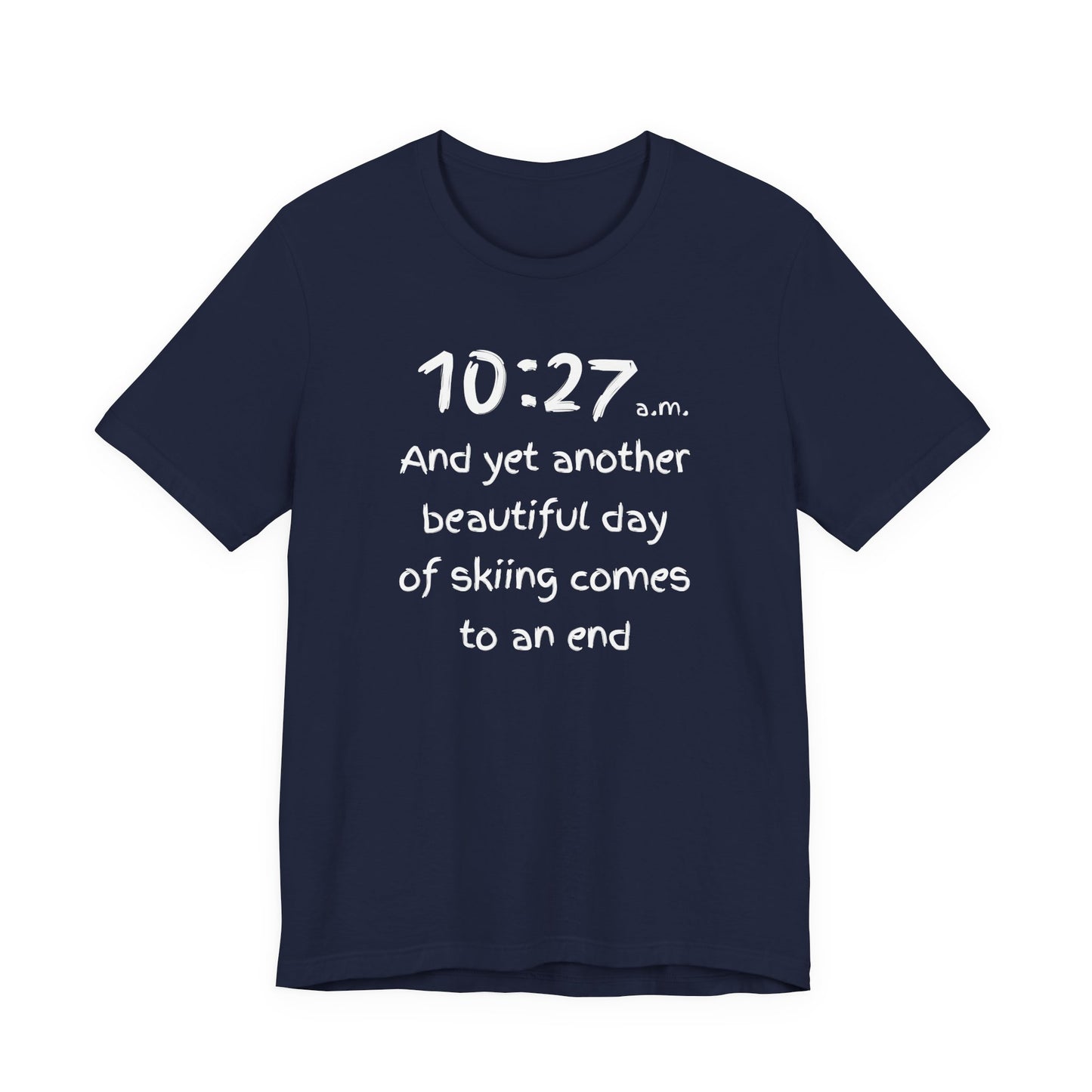 Navy blue t-shirt with white text on a white background