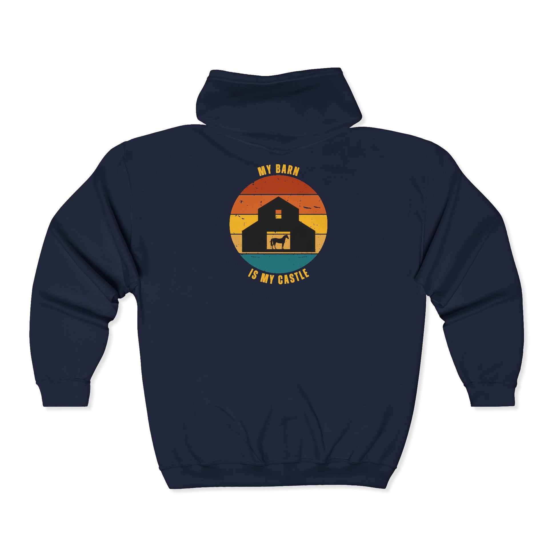 Equestrian Hoodie with Stable Hair Don't Care text and horse barn back print. Navy blue hoodie with a logo on the back against a white background