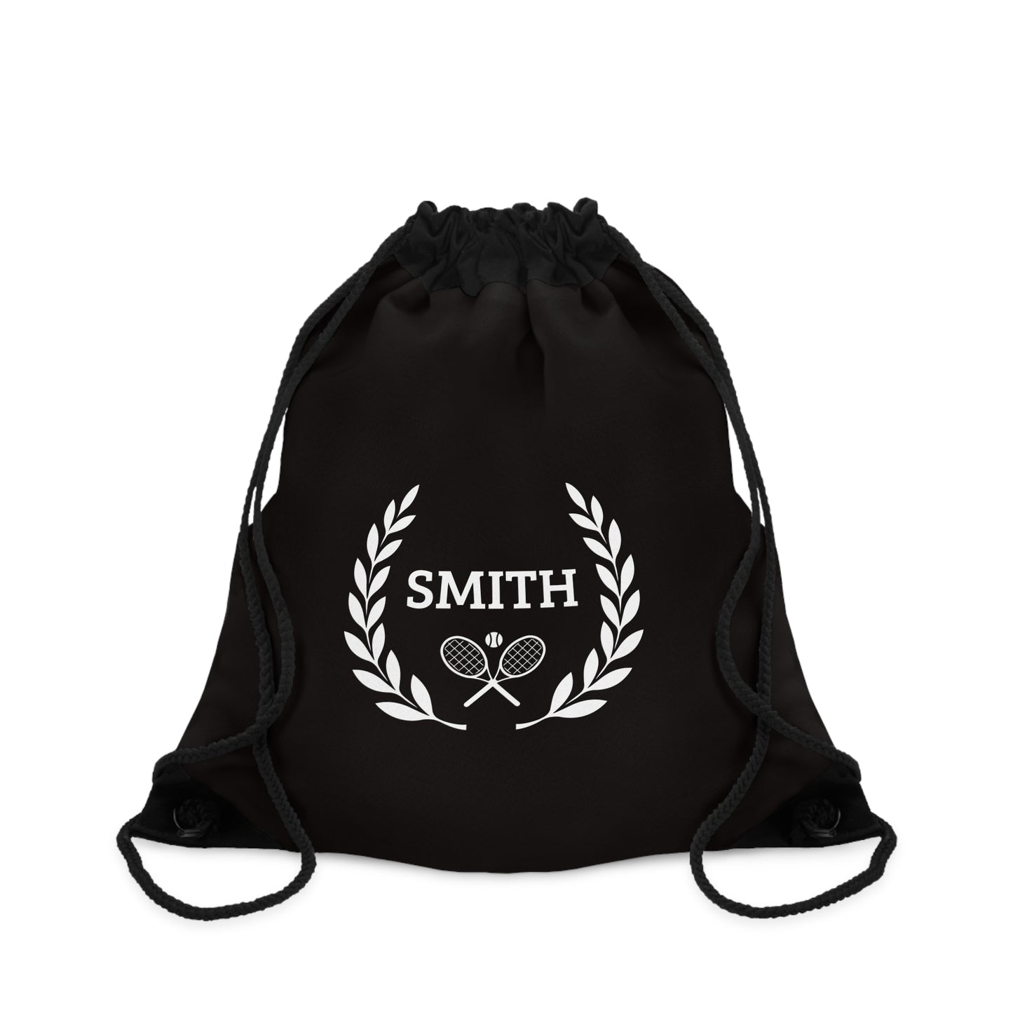 Junior Tennis bag Black drawstring bag with 'Smith' and tennis racket design on a white background