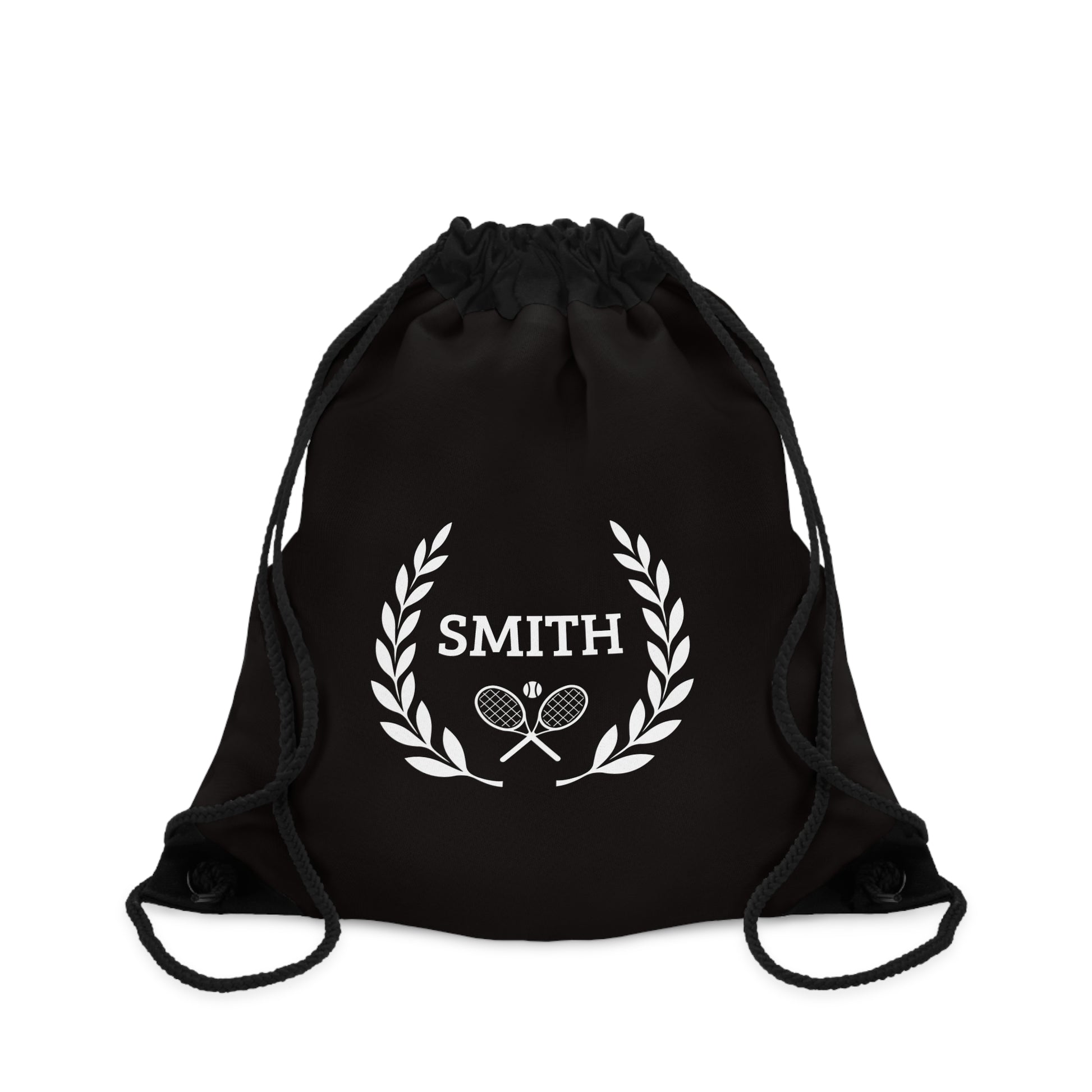 Junior Tennis bag Black drawstring bag with 'Smith' and tennis racket design on a white background