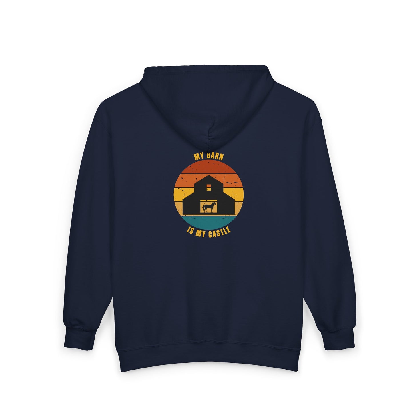 Navy blue hoodie with a graphic design on the back featuring a barn and text 'My barn is my castle' on a white background.