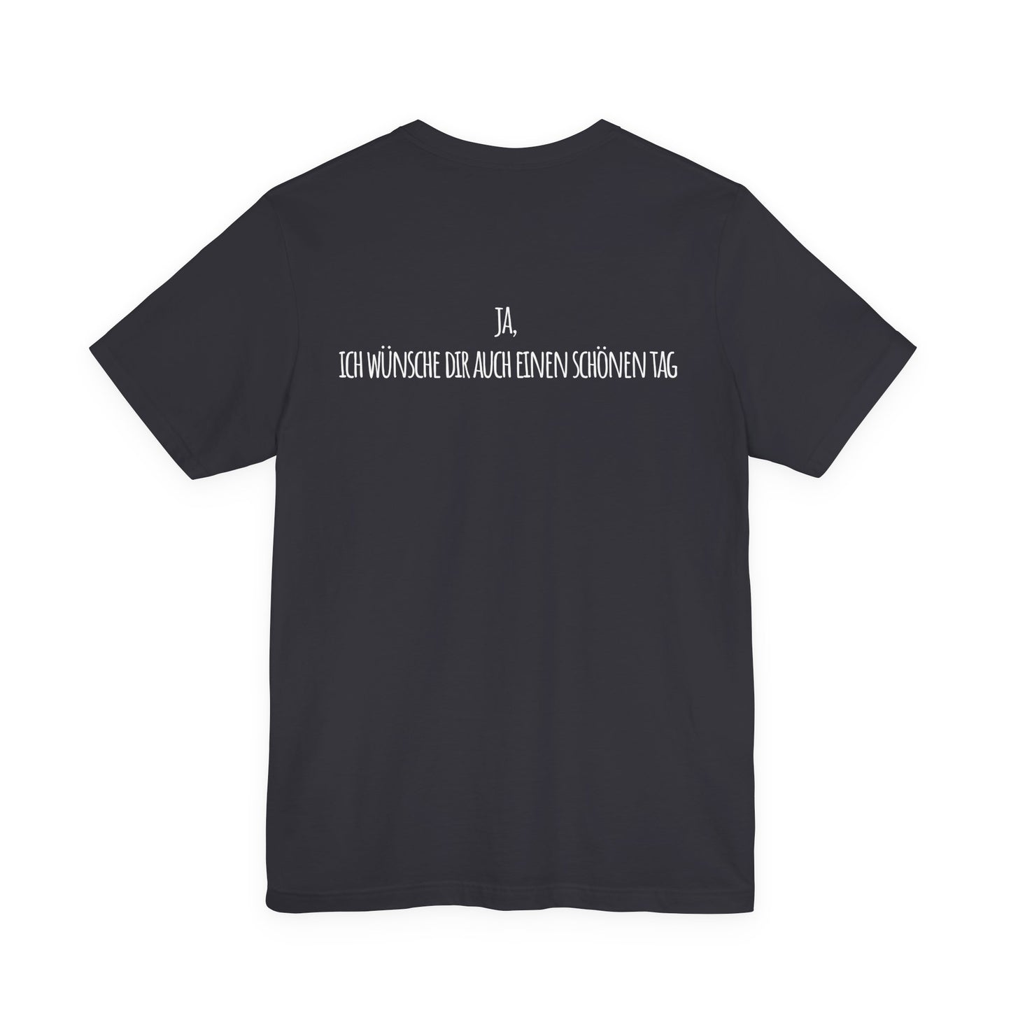 Black t-shirt with white text on the back against a white background