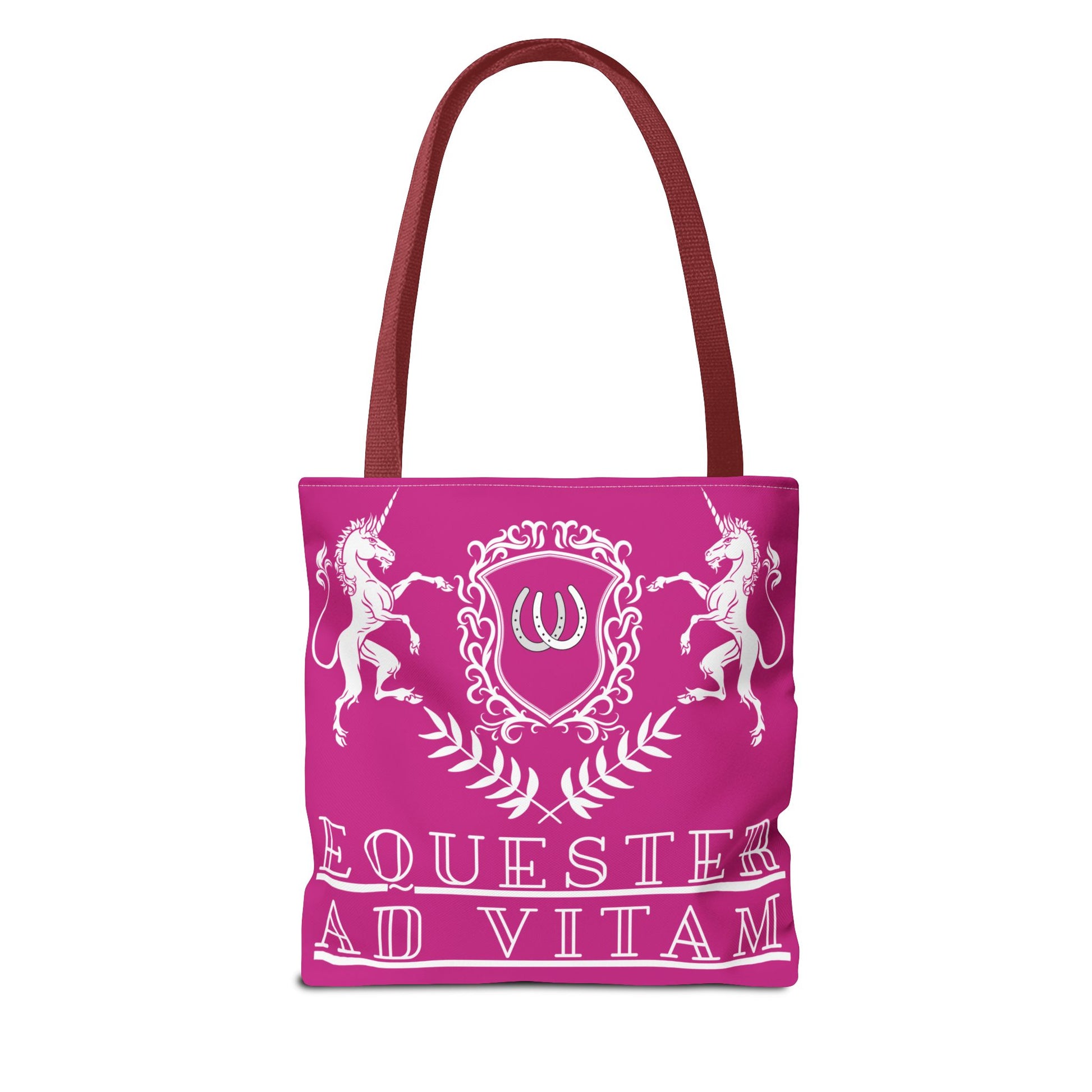 Pink tote bag with unicorn design and text on a white background