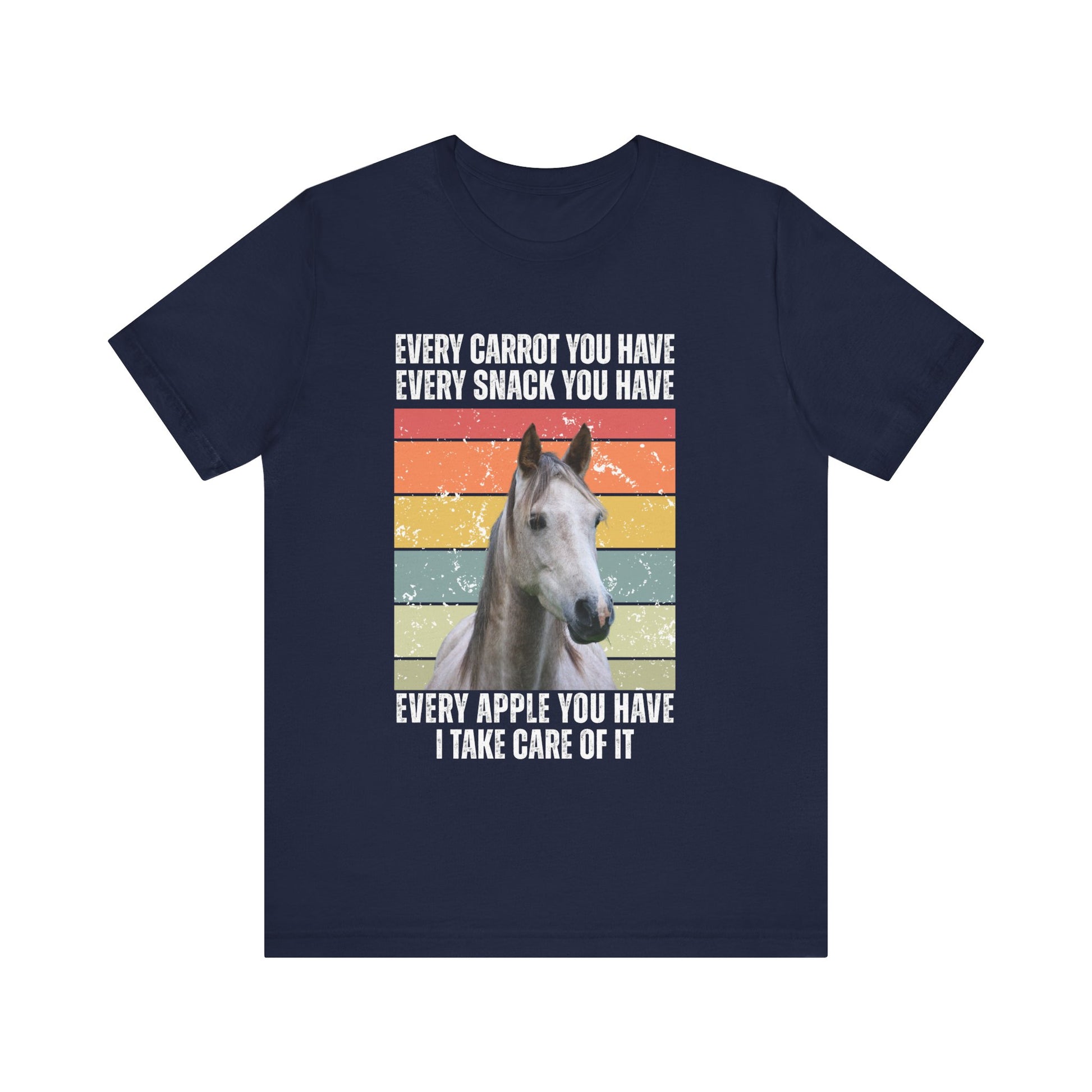 Navy blue t-shirt with a horse graphic and humorous text on a white background