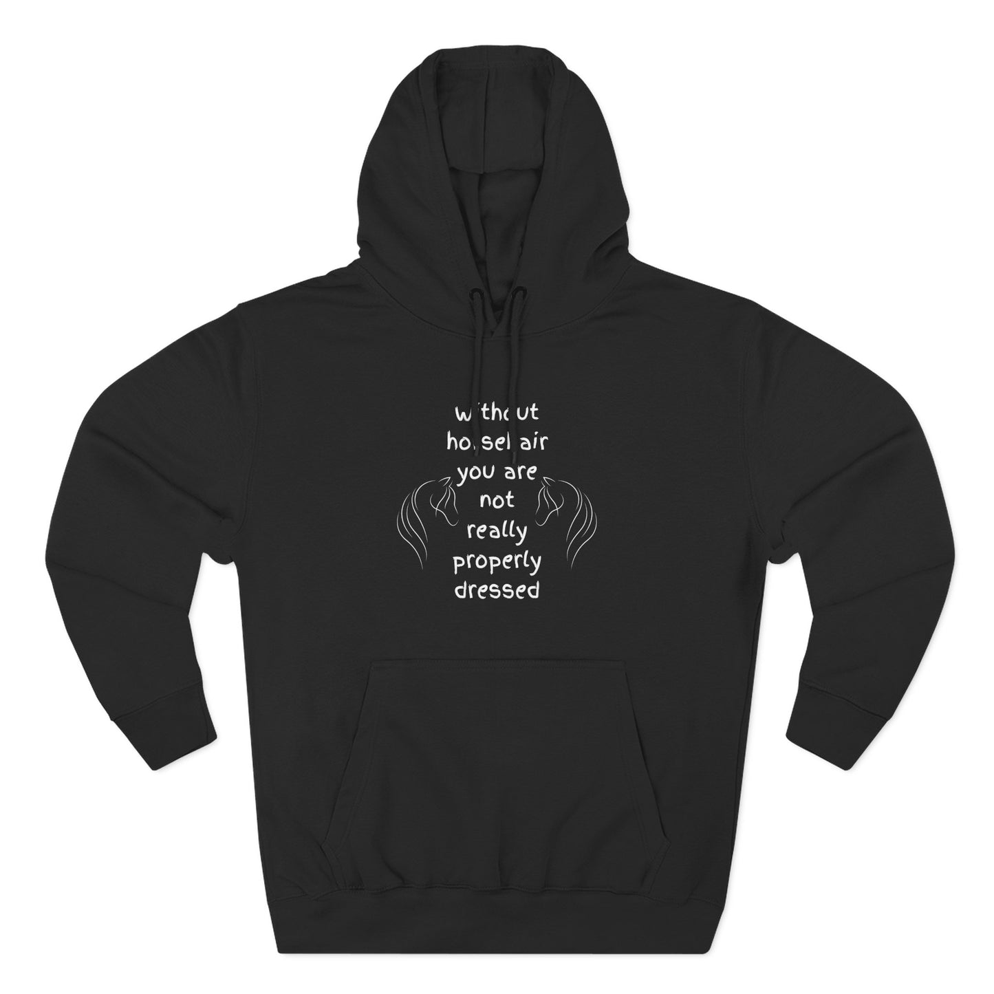 Black hoodie with white text and design on a white background