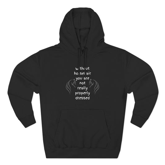 Black hoodie with white text and design on a white background
