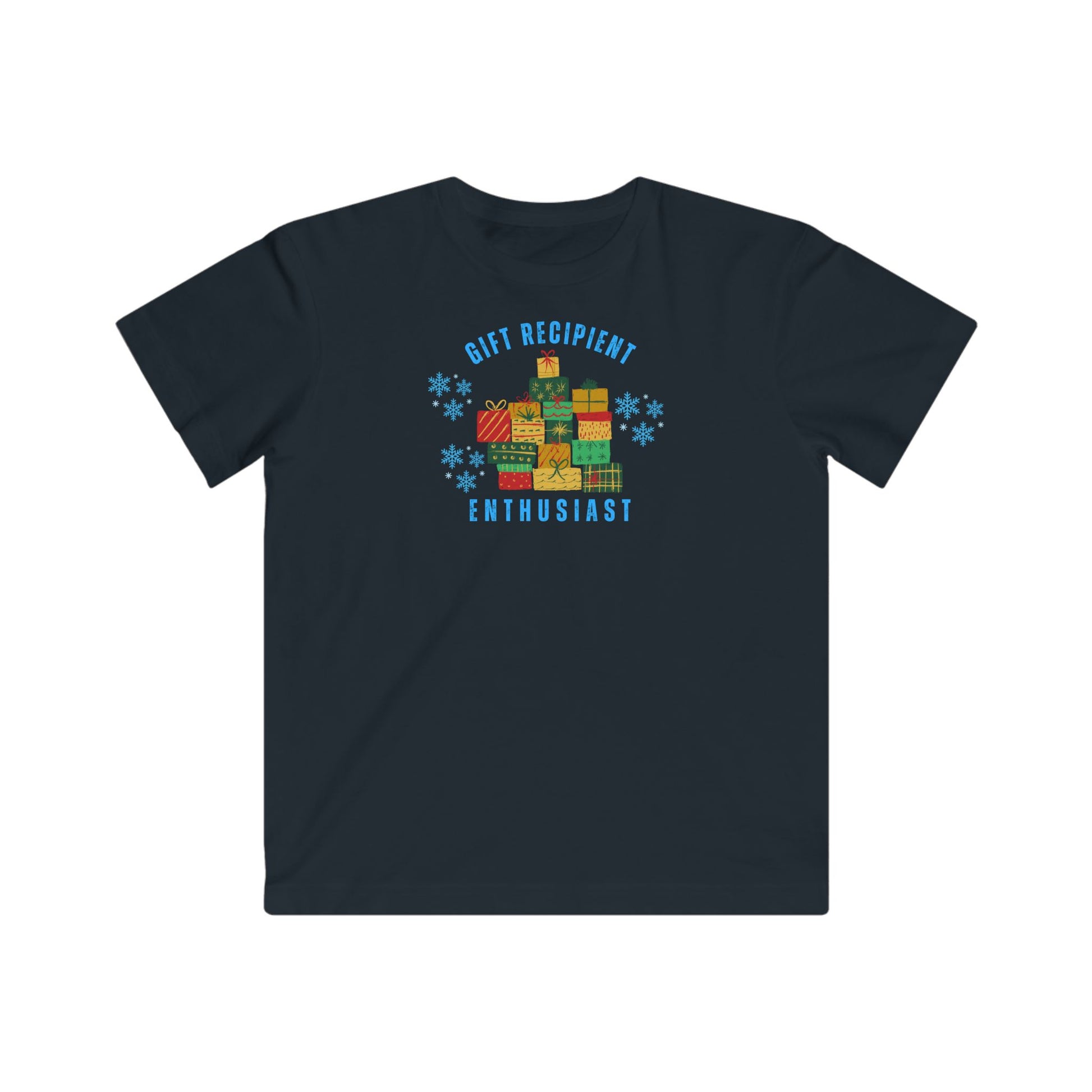 Black t-shirt with colorful graphic and text on a white background