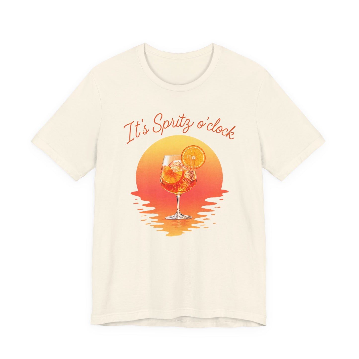 Aperol T-Shirt Beige t-shirt with a graphic of a spritz cocktail and sunset, text 'It's Spritz o'clock' on a white background.