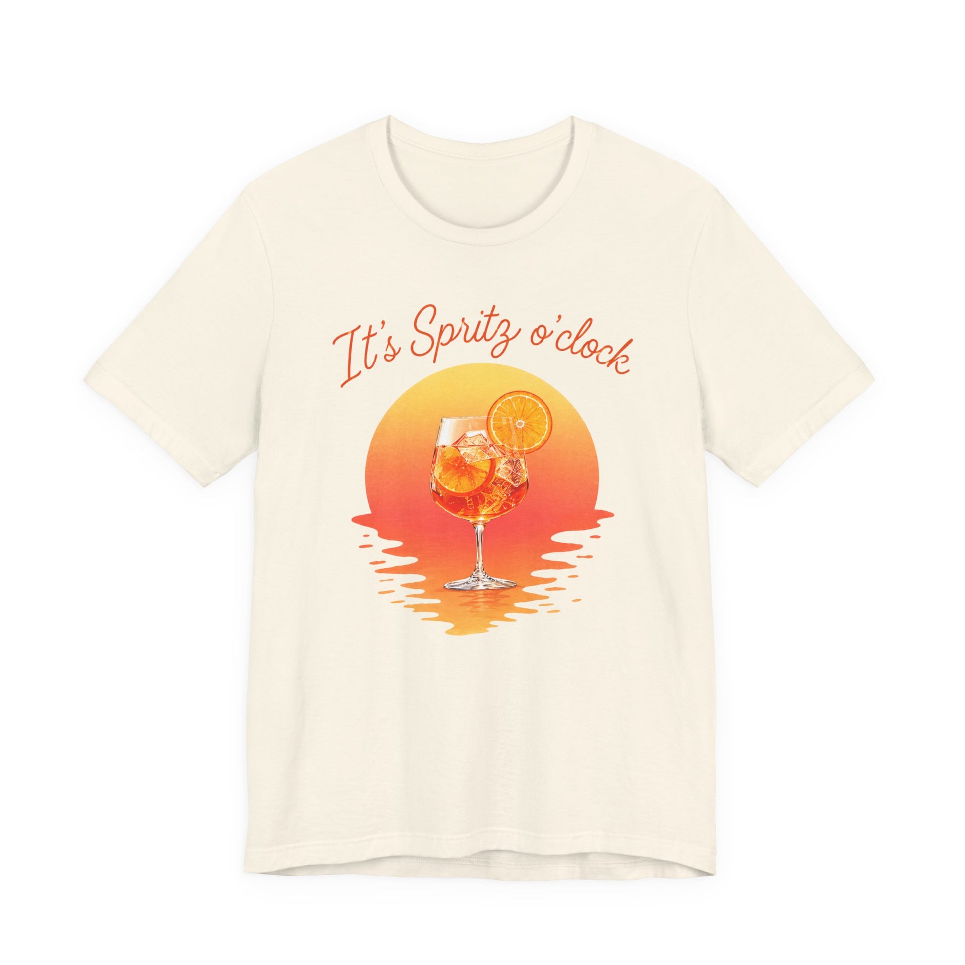 Aperol T-Shirt Beige t-shirt with a graphic of a spritz cocktail and sunset, text 'It's Spritz o'clock' on a white background.