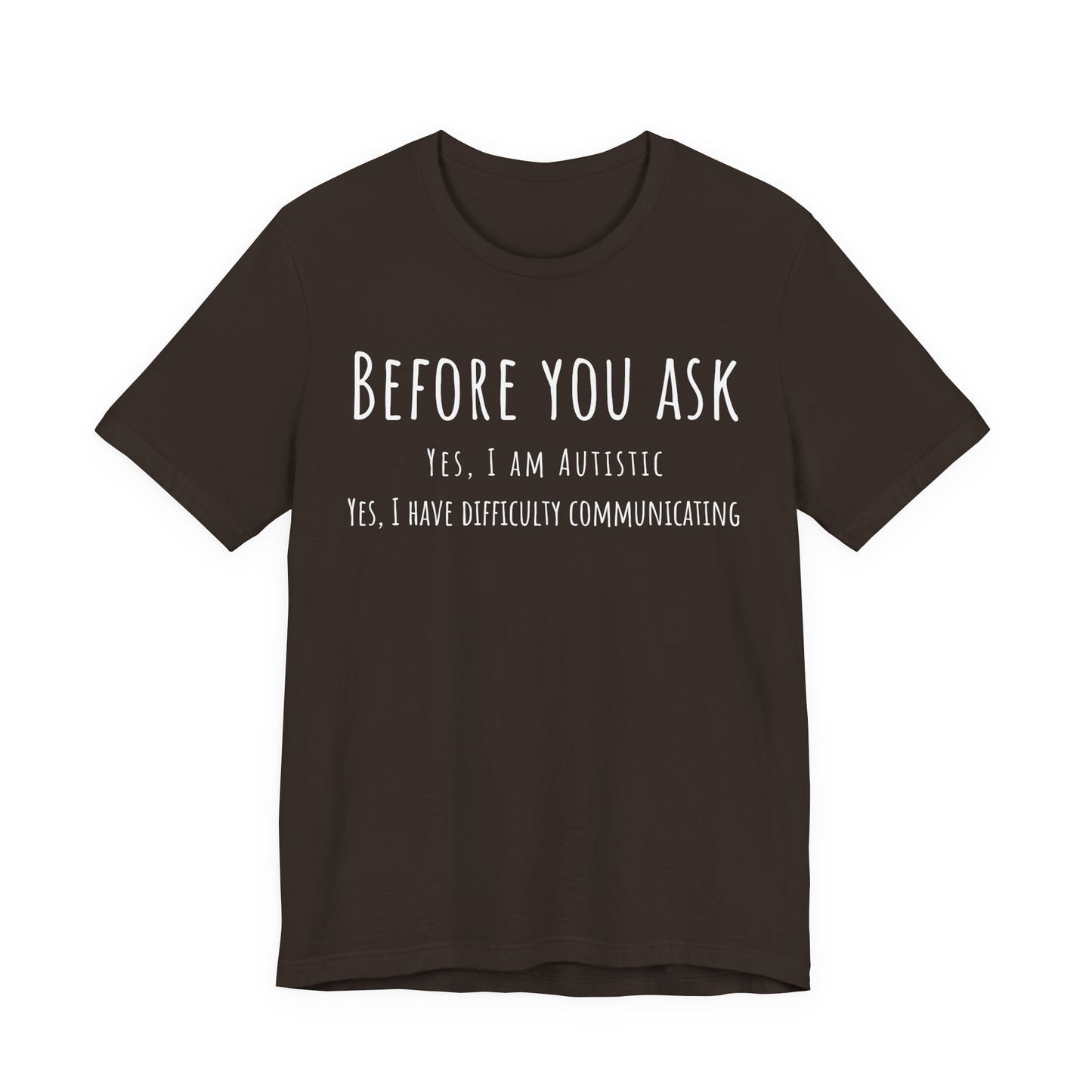Black t-shirt with white text on a white background