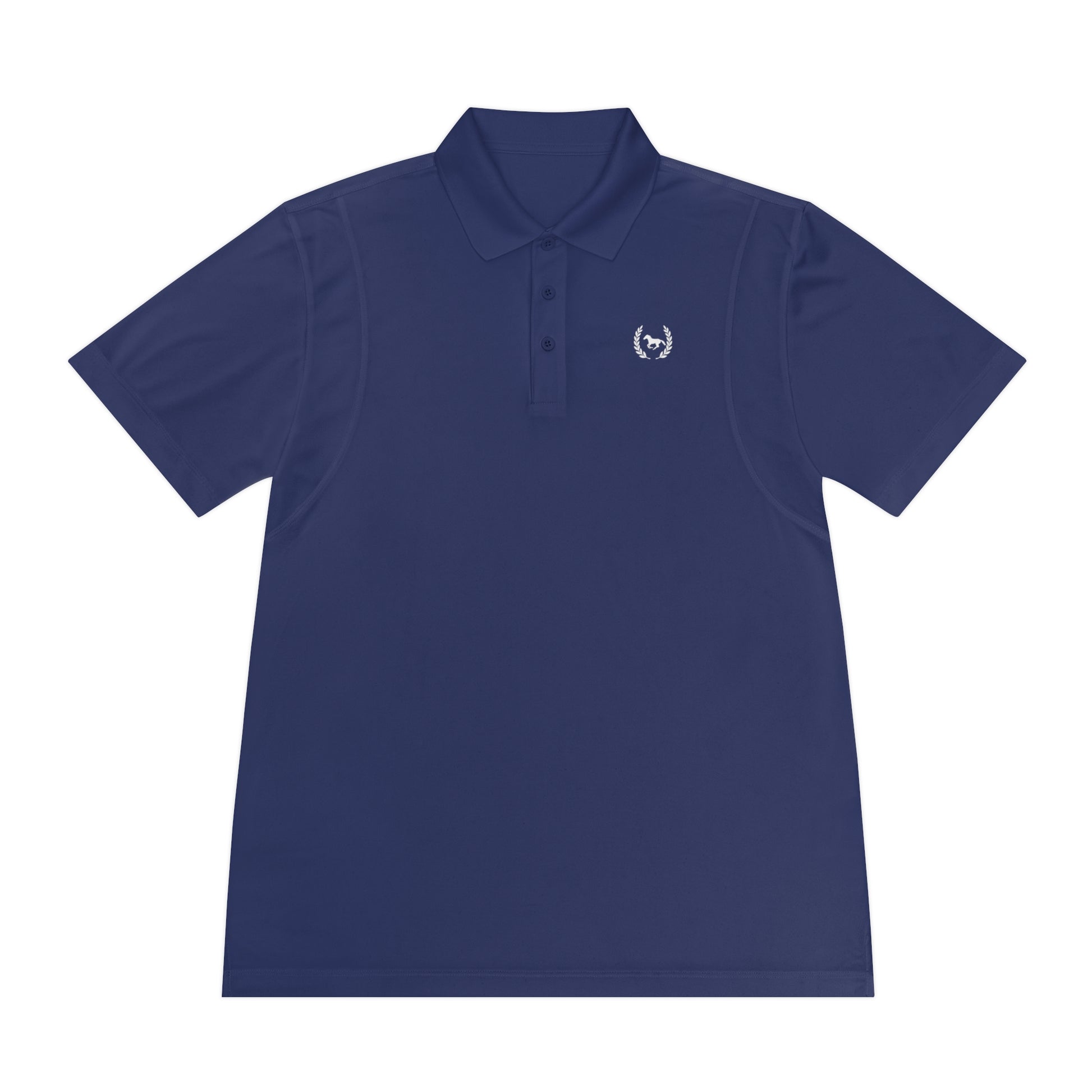 Navy blue polo shirt with a small white logo on a white background