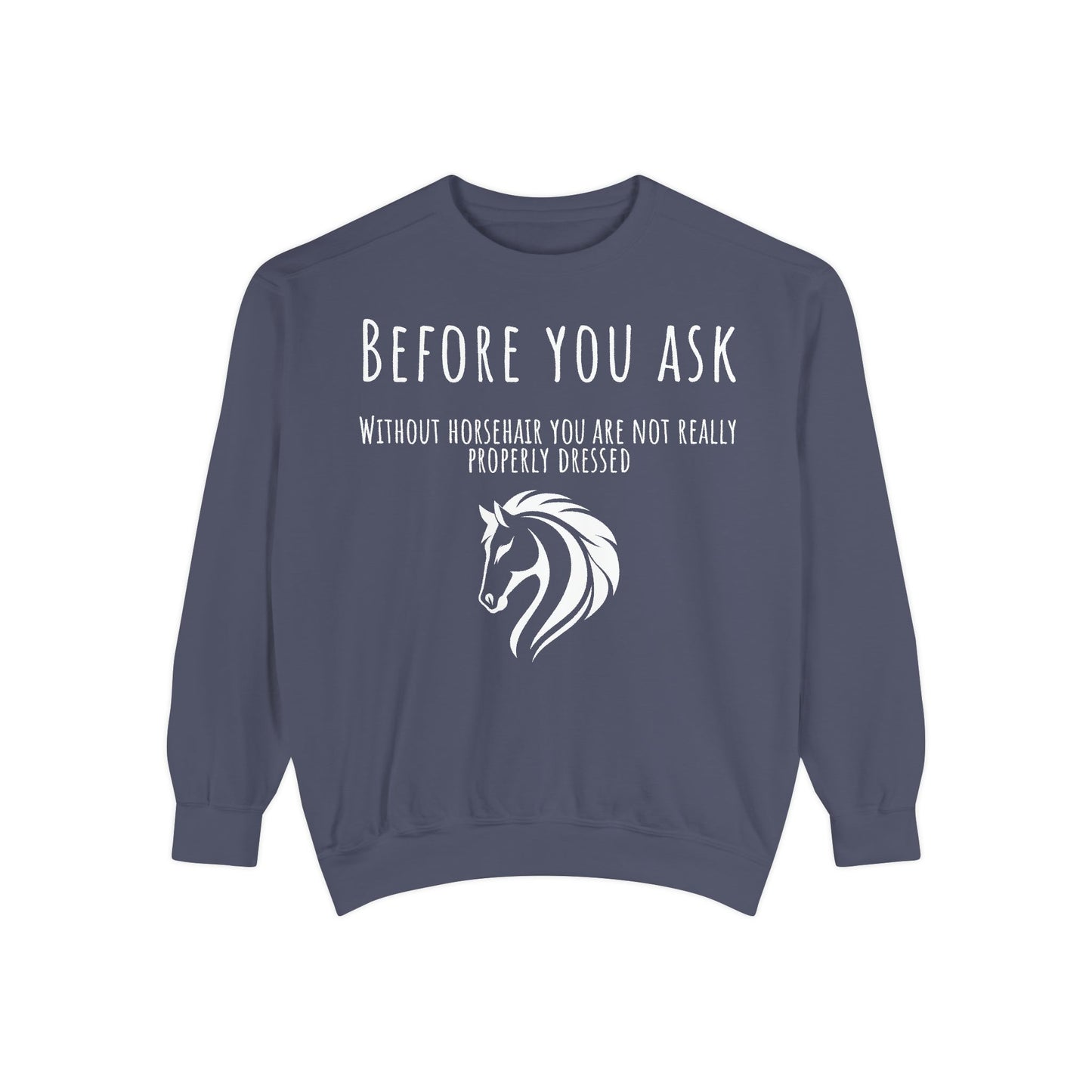 Navy blue sweatshirt with white text and horse graphic on a white background
