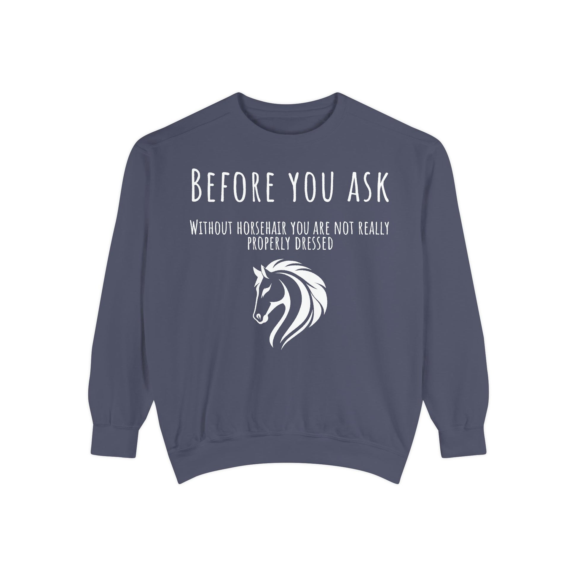 Navy blue sweatshirt with white text and horse graphic on a white background