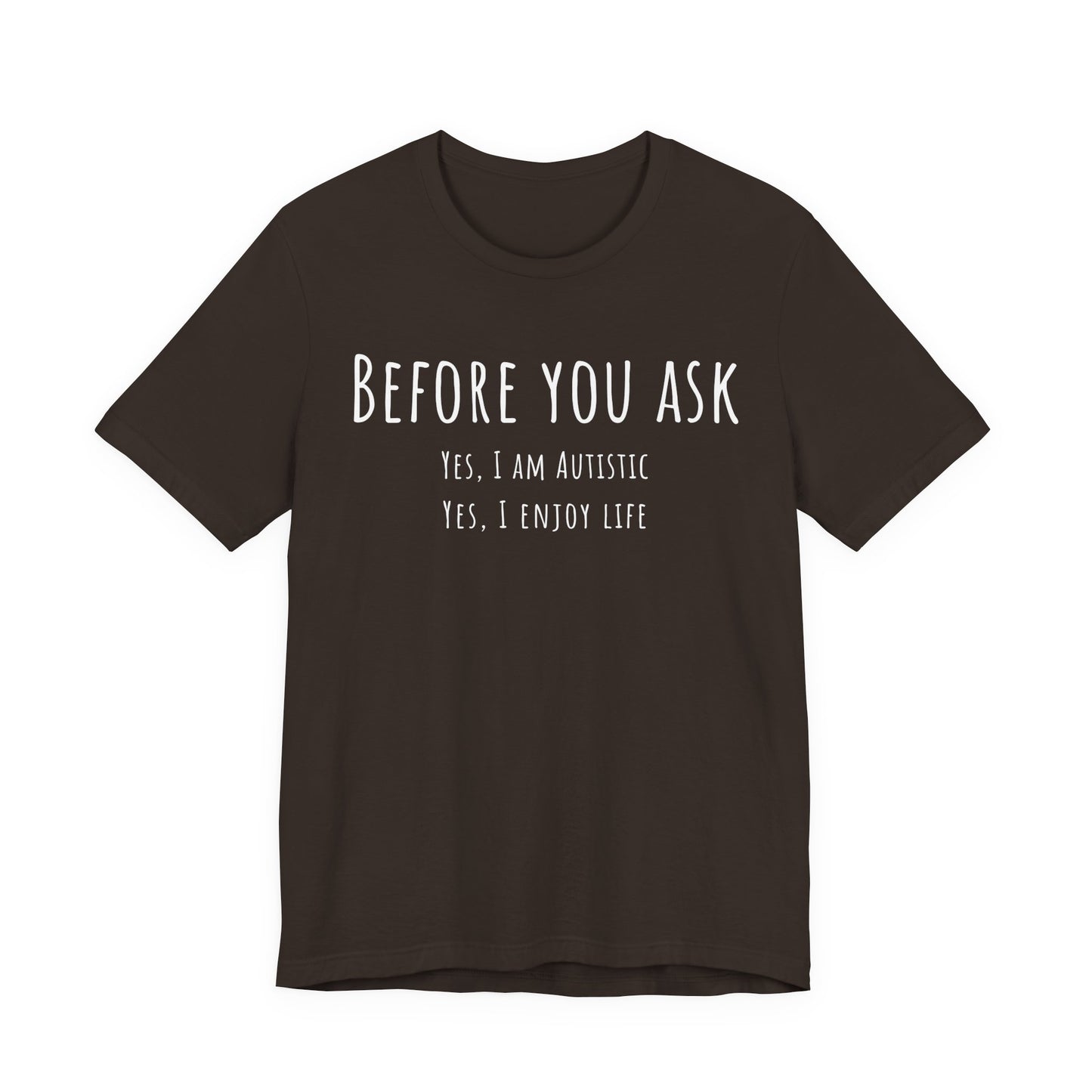 Black t-shirt with white text on a white background