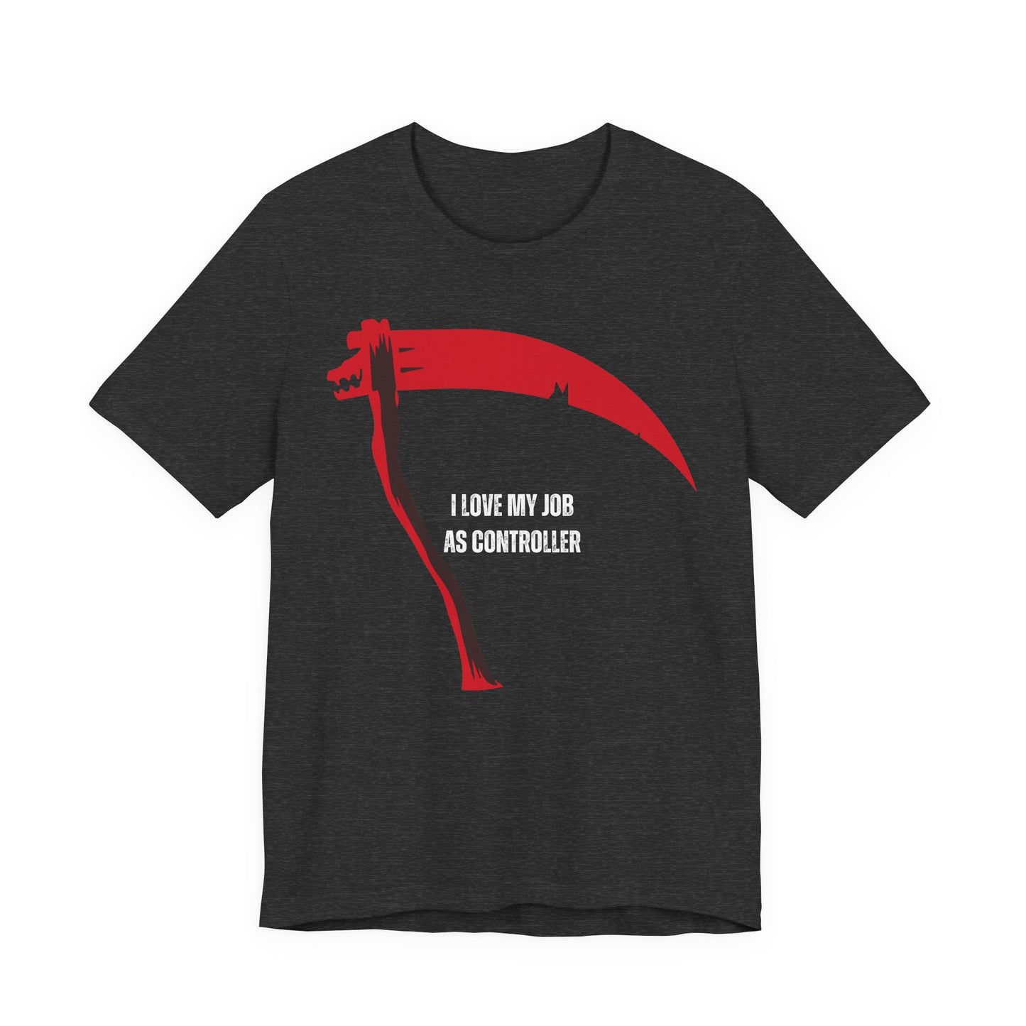 Black t-shirt with red graphic and white text on a white background
