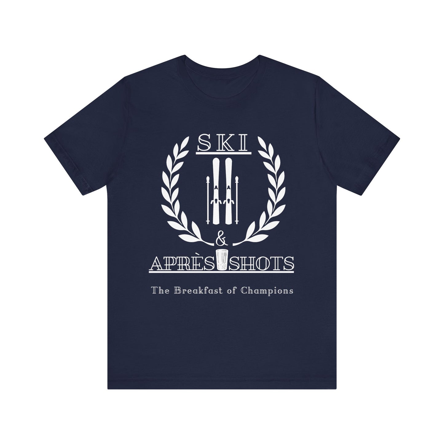 Navy blue t-shirt with white graphic and text on a white background