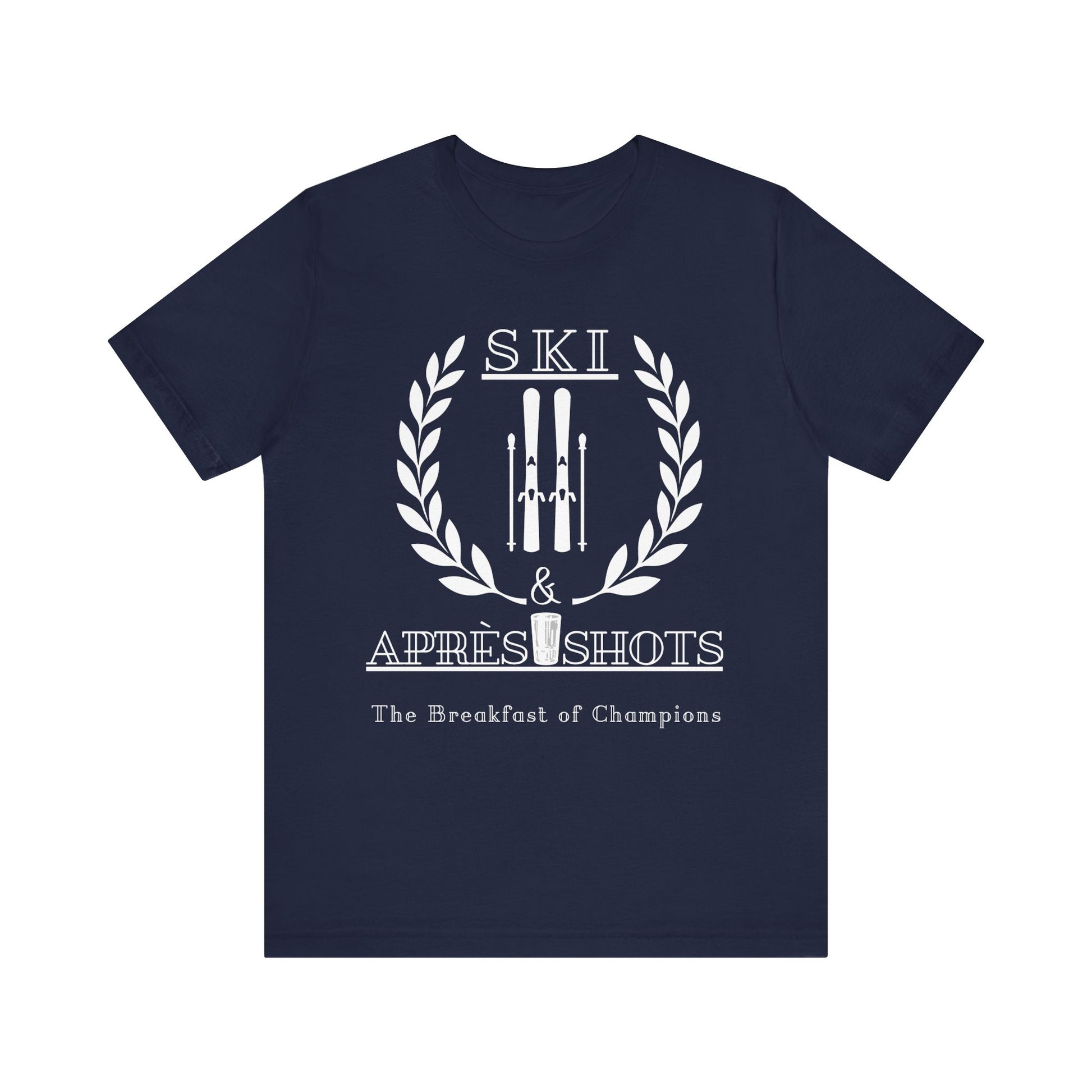 Navy blue t-shirt with white graphic and text on a white background