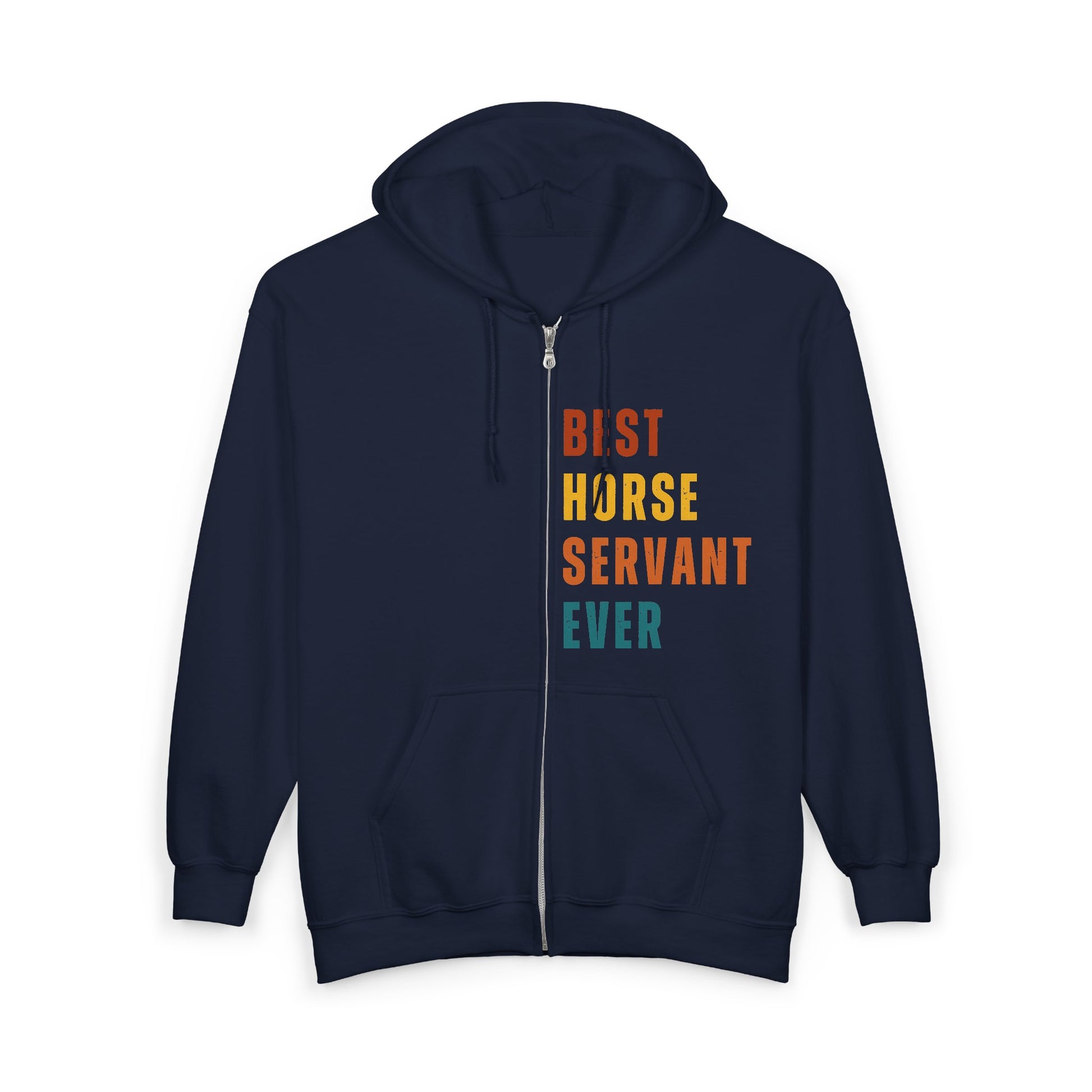Navy blue hoodie with colorful text 'BEST HORSE SERVANT EVER' on a white background