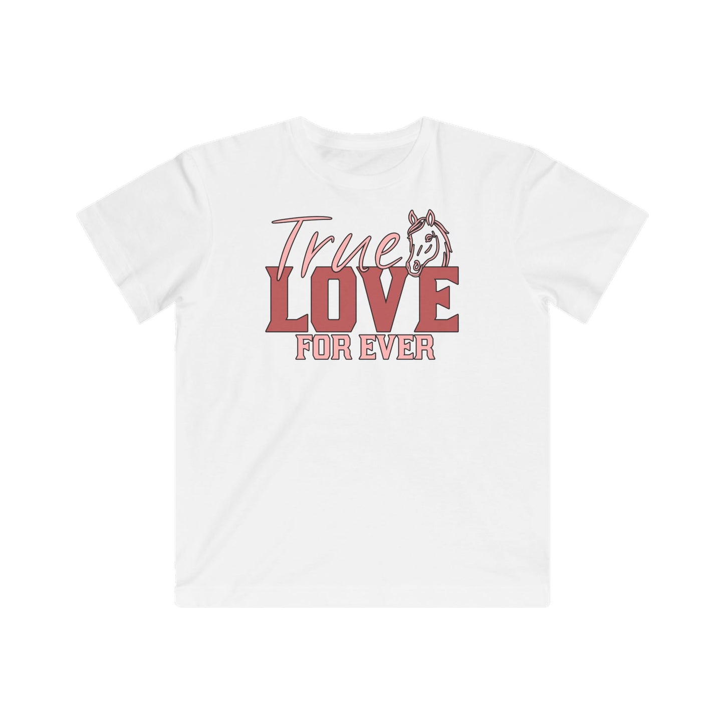 White t-shirt with 'True Love For Ever' text and graphic on a white background