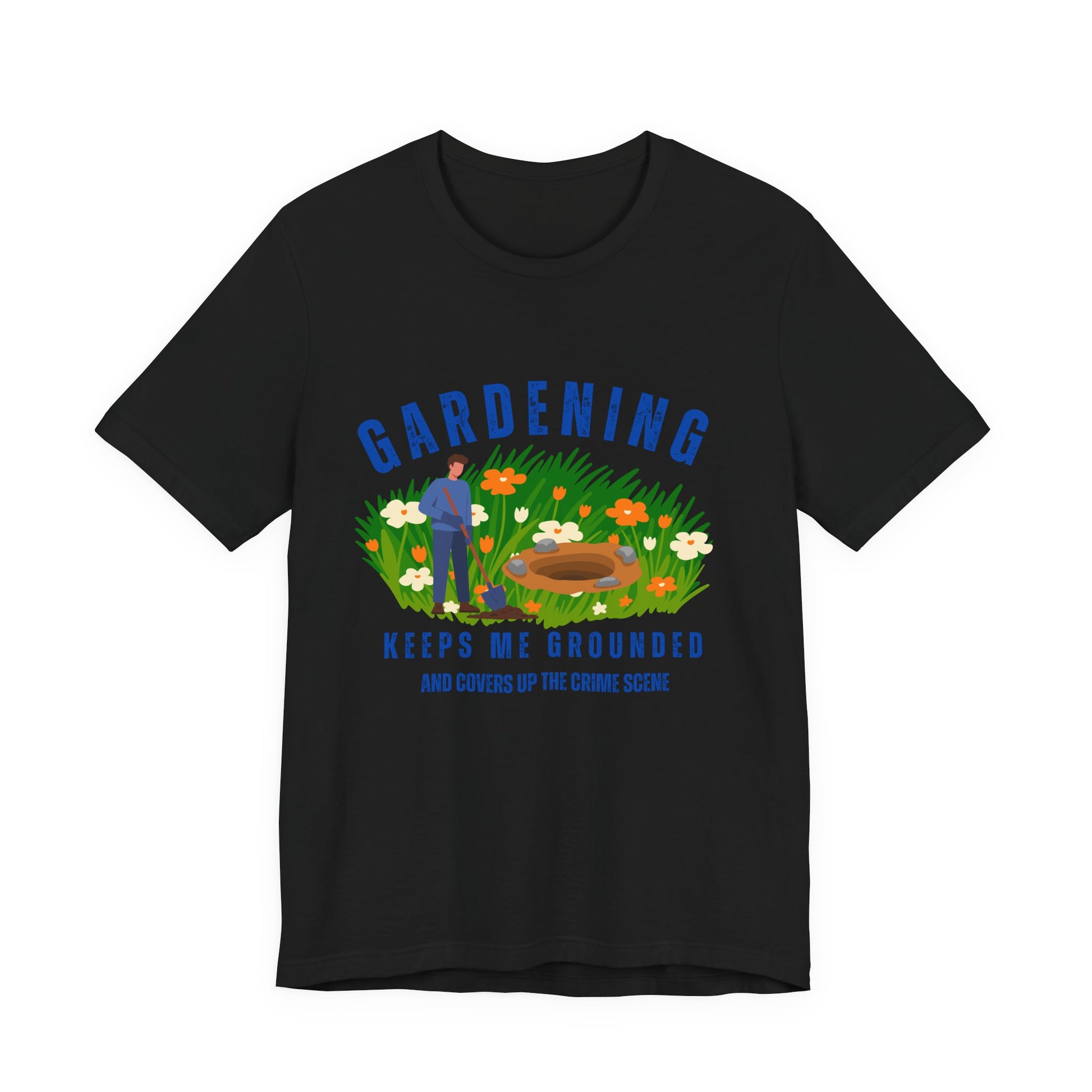 Black t-shirt with a gardening graphic and text on a white background