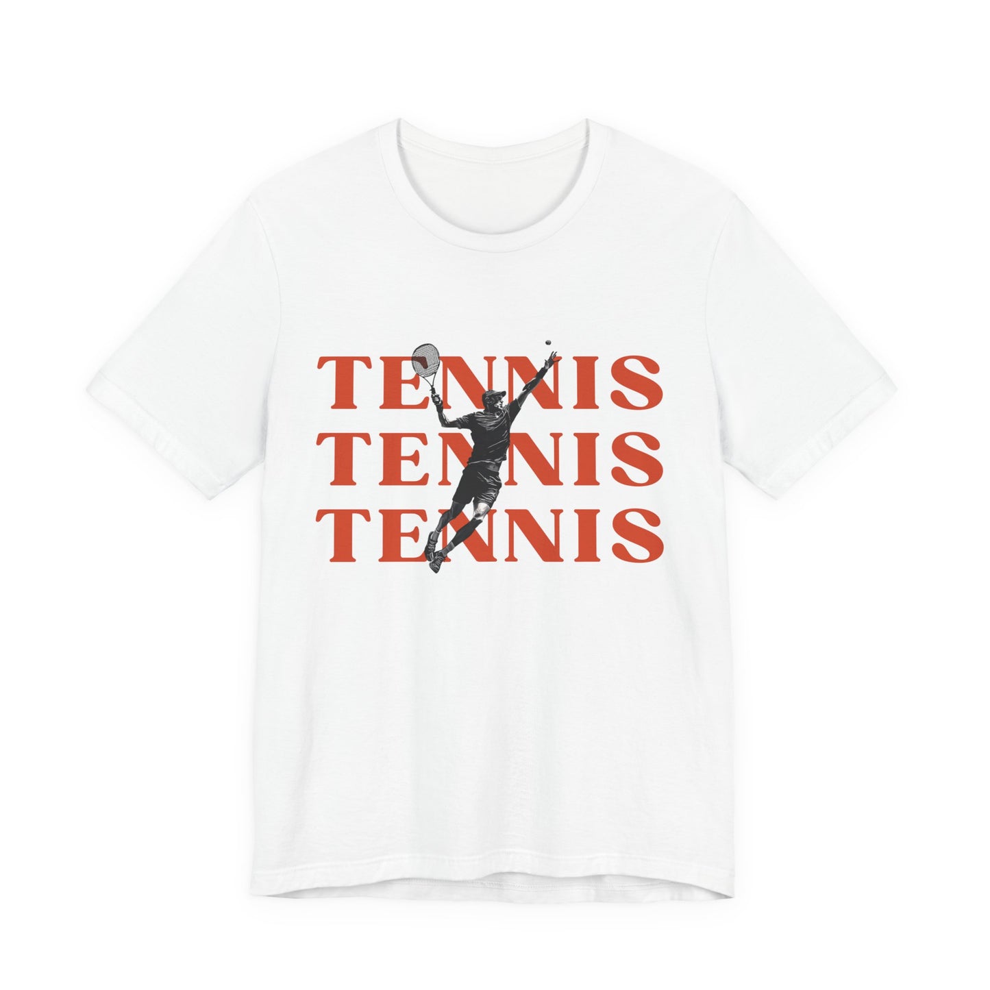 White t-shirt with red 'TENNIS TENNIS TENNIS' text and tennis player graphic on a white background