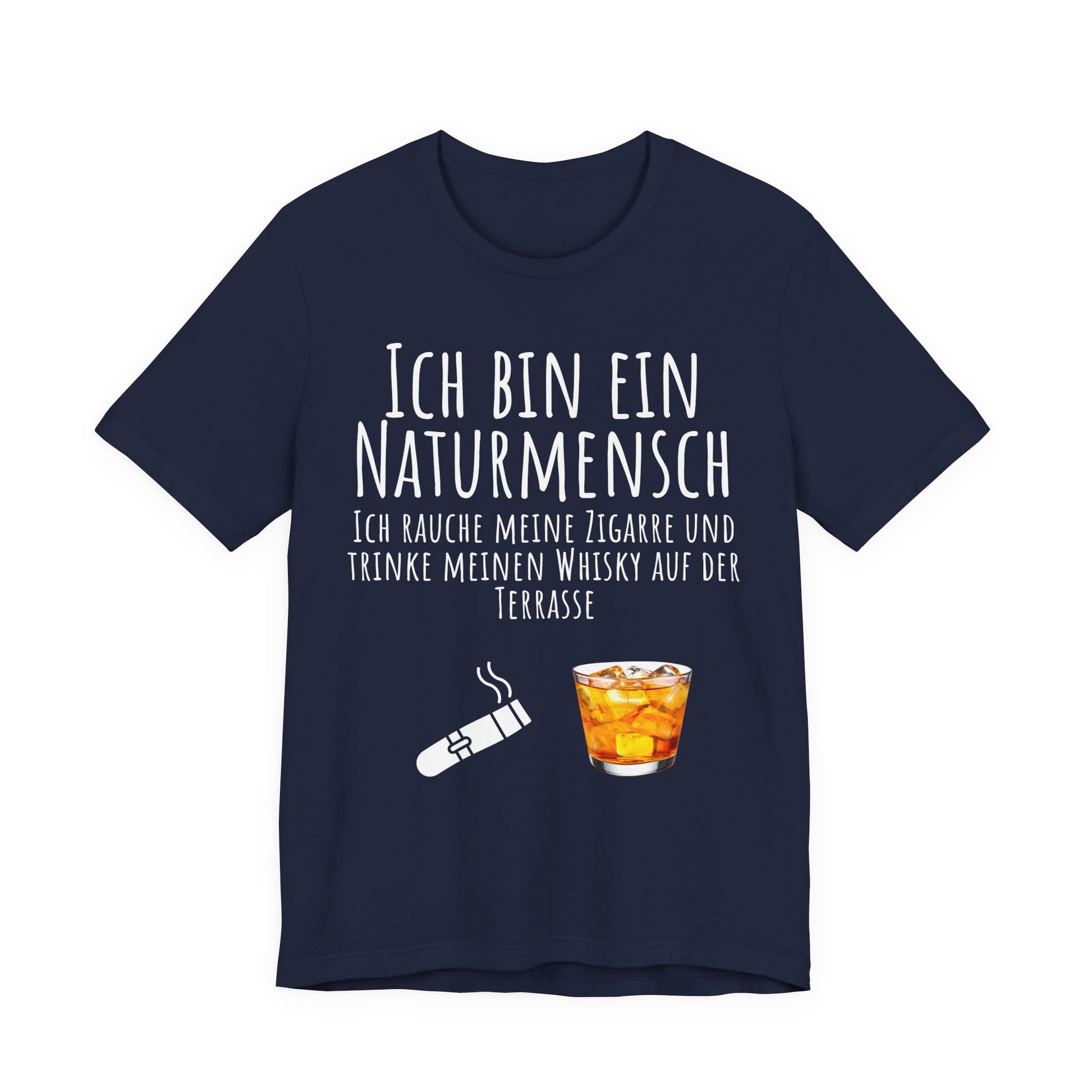 Navy blue t-shirt with white text and graphics on a white background