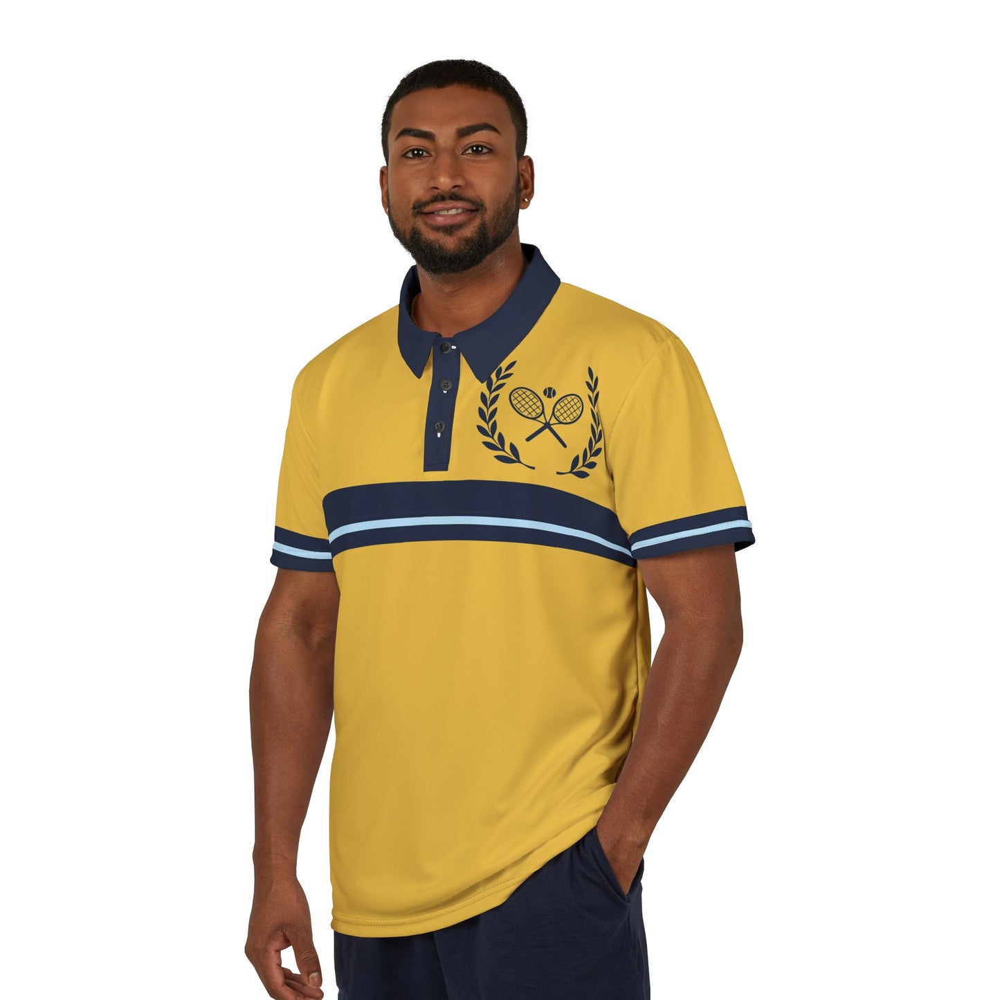 Vintage Tennis Polo Man wearing a yellow polo shirt with navy accents on a white background