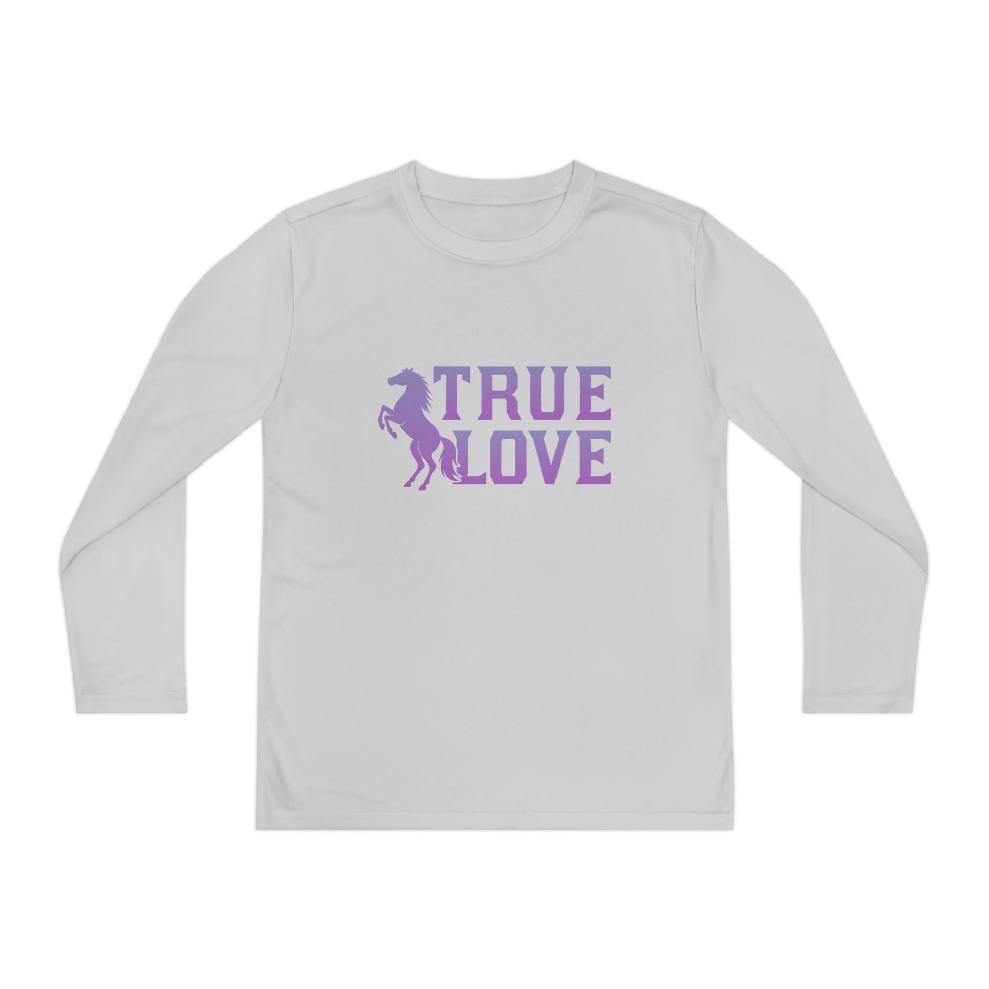 White long-sleeve shirt with 'True Love' graphic in purple on a white background