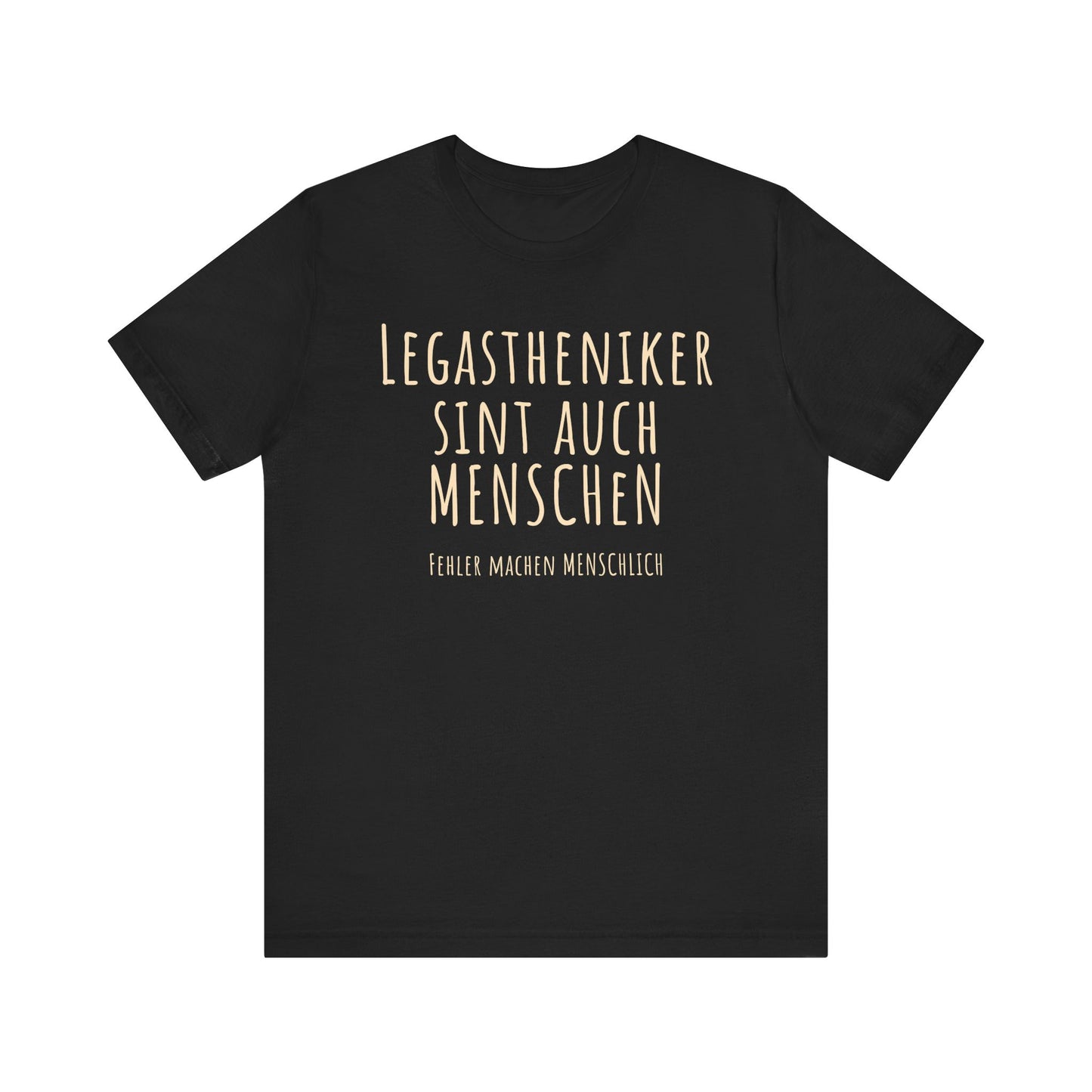 Black t-shirt with gold text on a white background