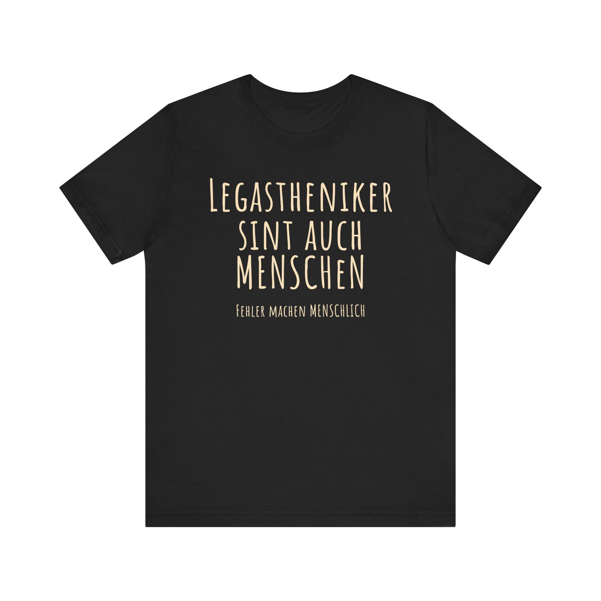 Black t-shirt with gold text on a white background