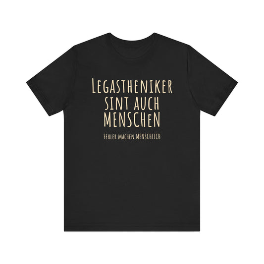 Black t-shirt with gold text on a white background