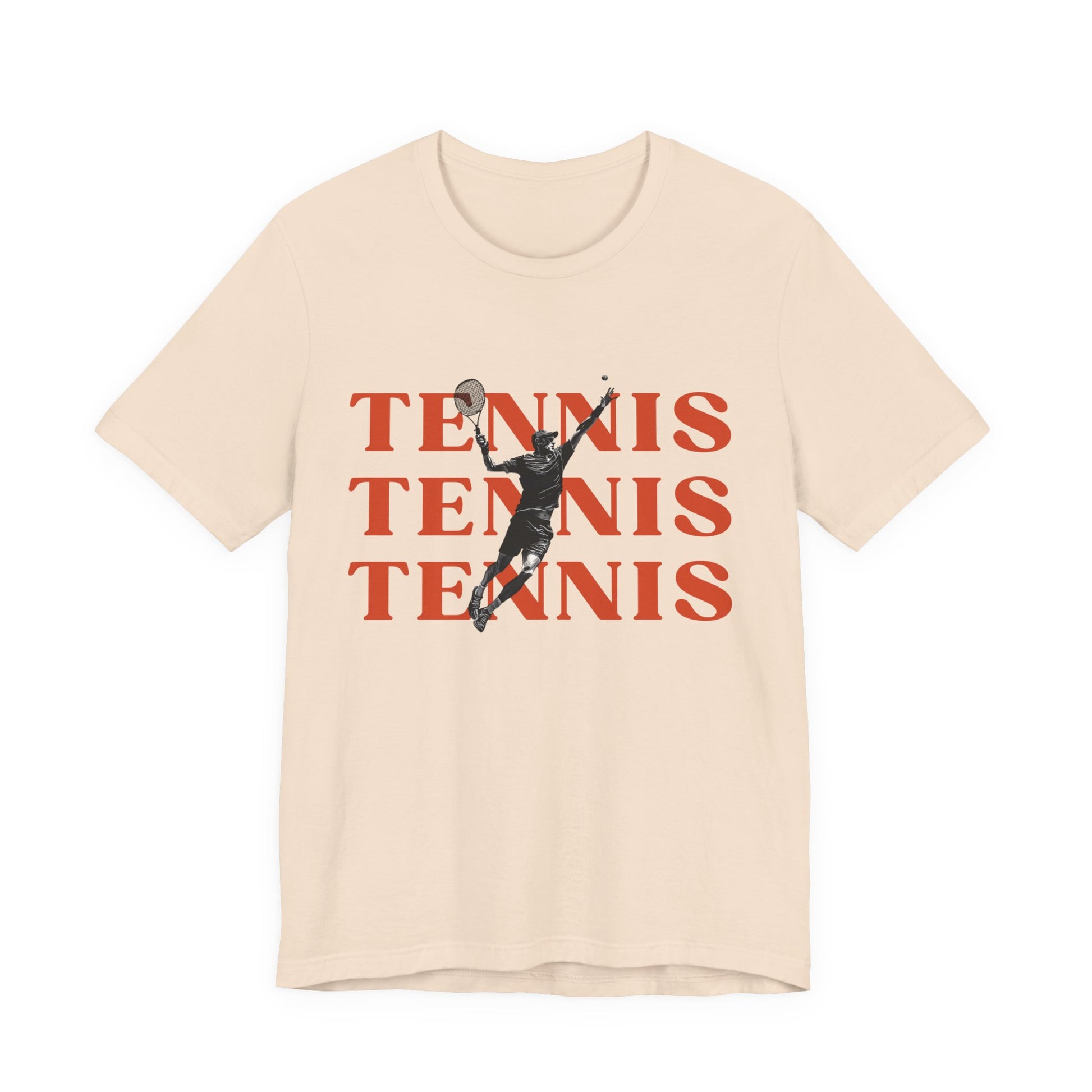 Beige t-shirt with tennis player graphic and 'TENNIS TENNIS TENNIS' text on a white background