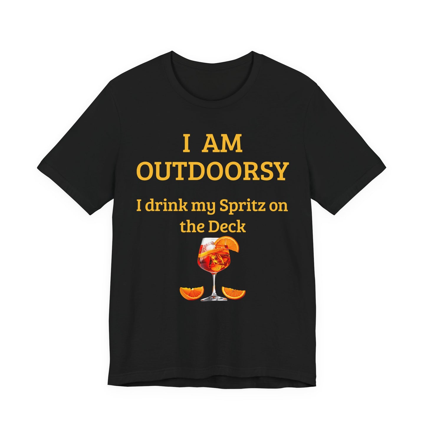 Funny Spritz Shirt Black t-shirt with yellow text and a Spritz glass graphic on a white background