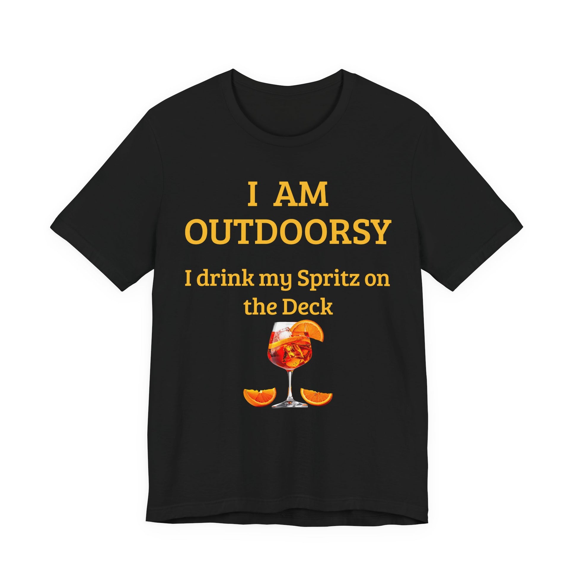 Funny Spritz Shirt Black t-shirt with yellow text and a Spritz glass graphic on a white background