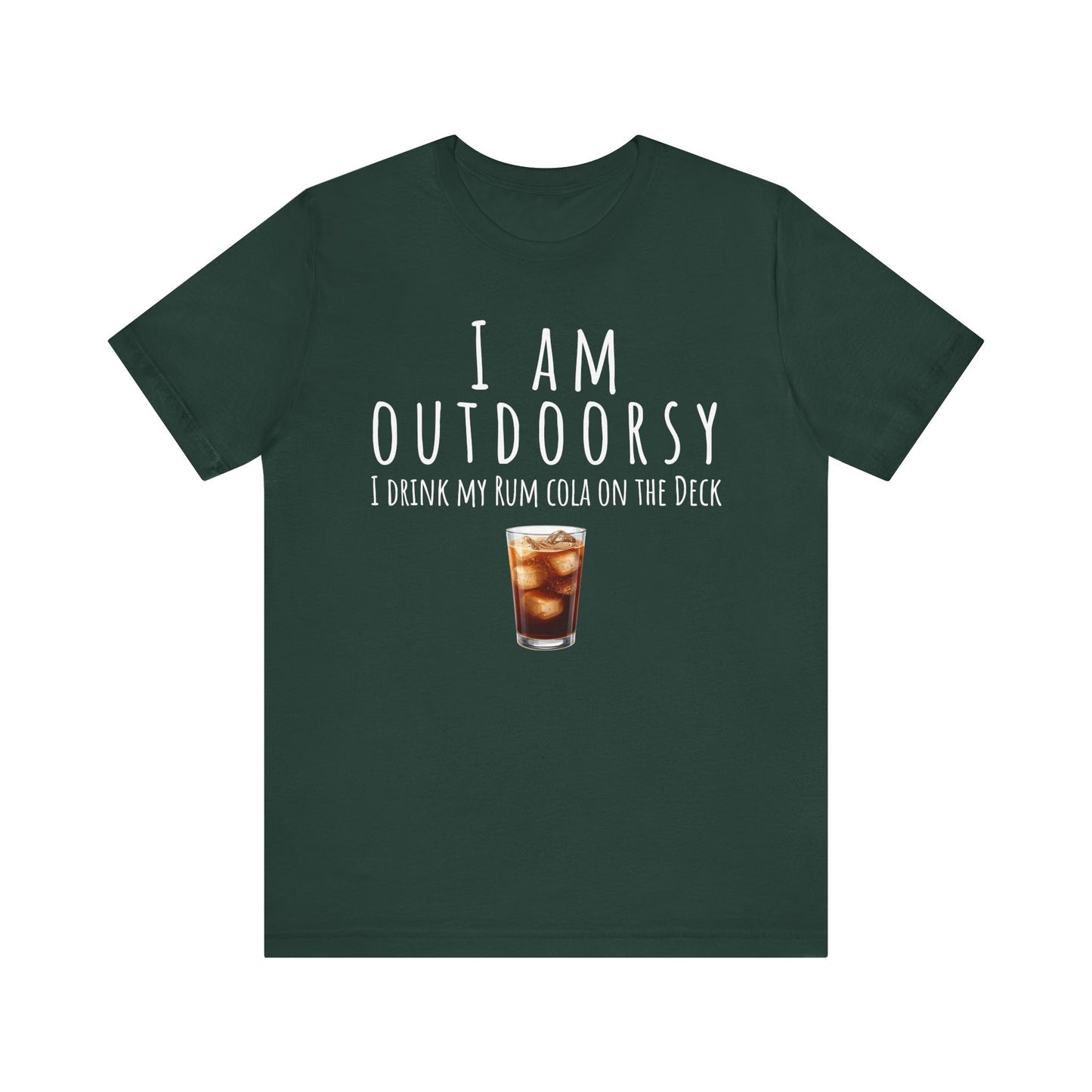 Green t-shirt with humorous text and a drink graphic on a white background