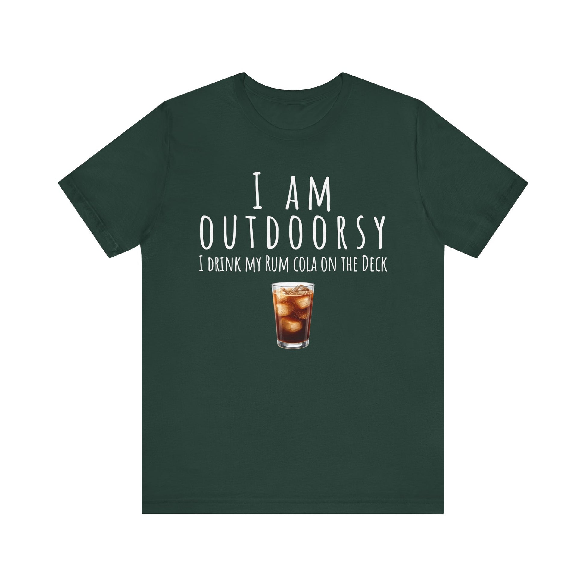 Green t-shirt with humorous text and a drink graphic on a white background