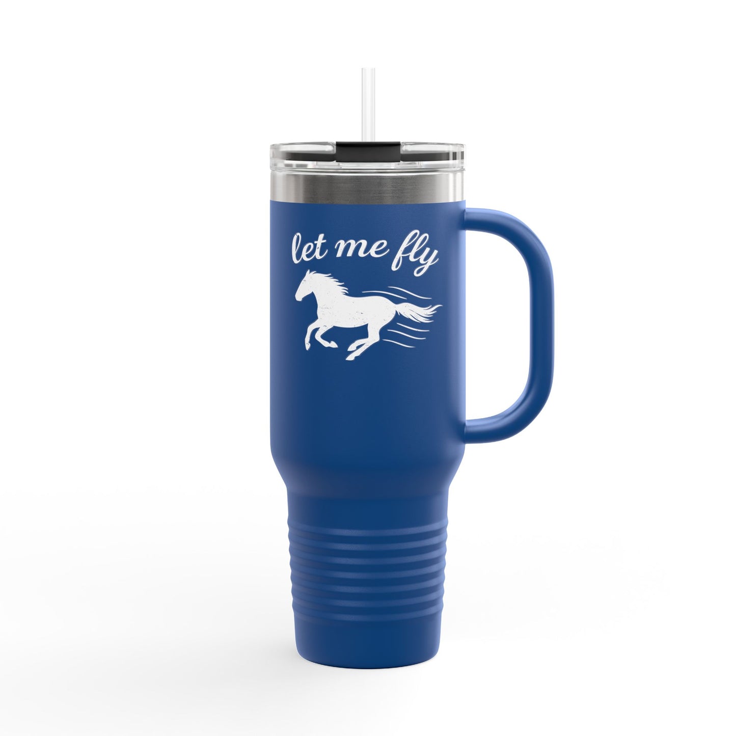 Blue travel mug with a horse design and 'let me fly' text on a white background