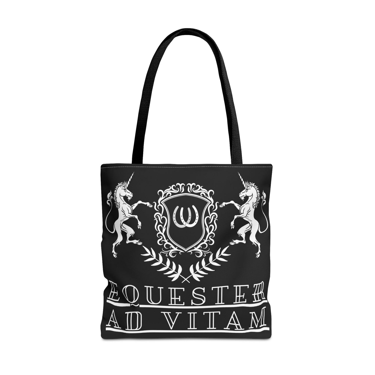 Black tote bag with white emblem and text on a white background