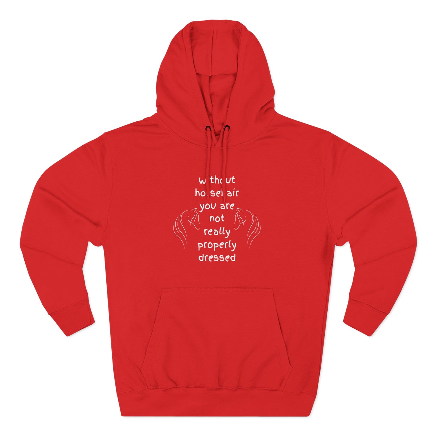 Red hoodie with white text and design on a white background
