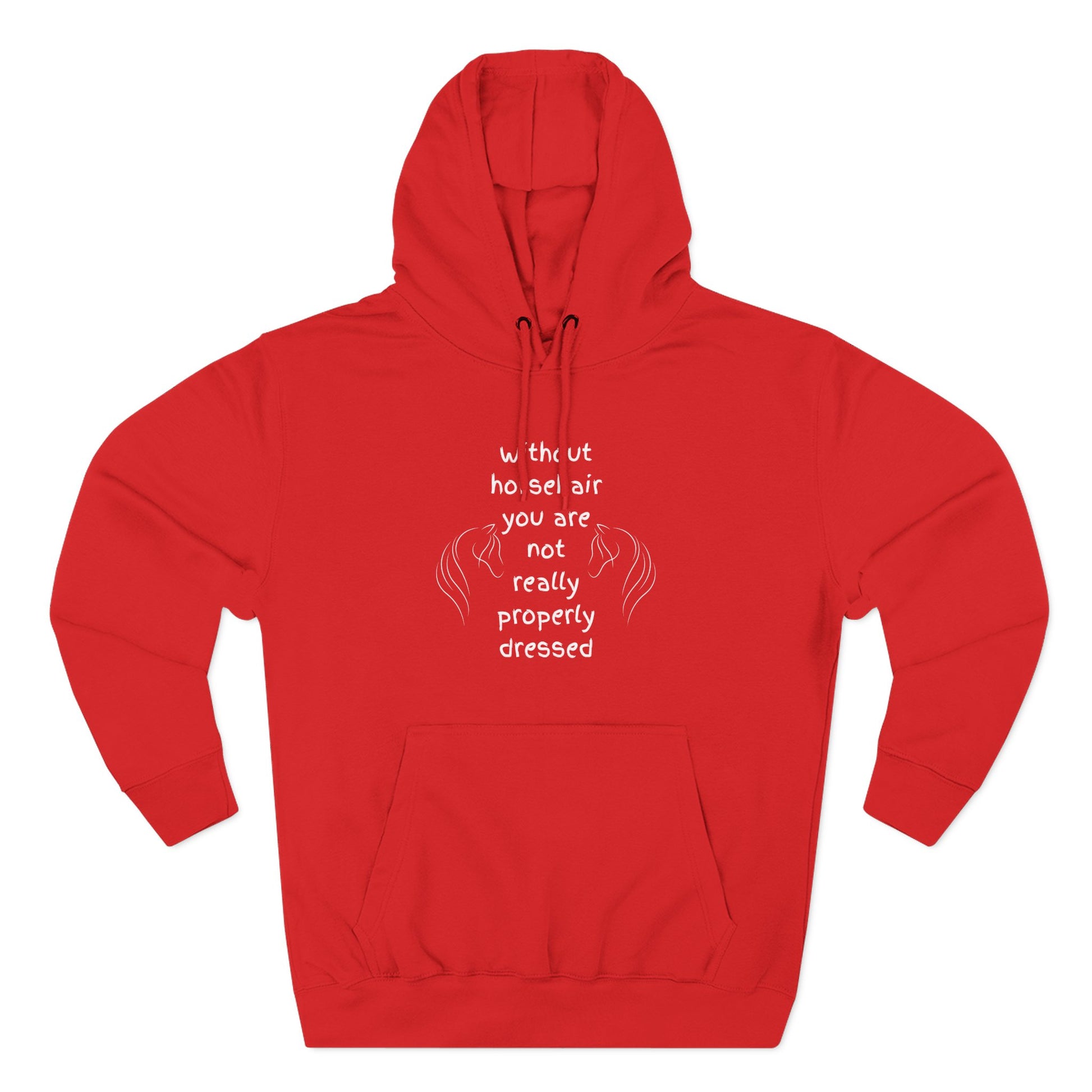 Red hoodie with white text and design on a white background