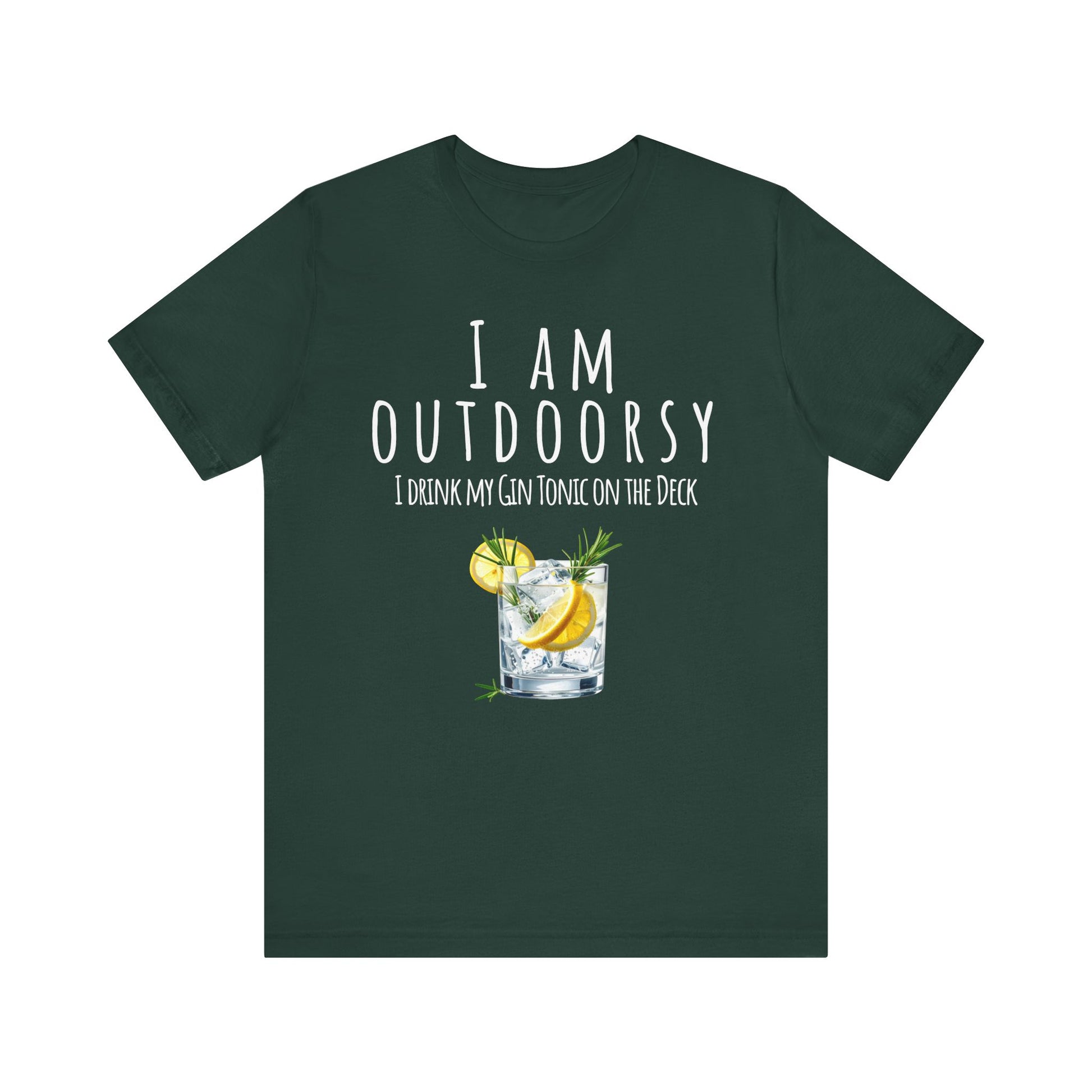 Green t-shirt with text and graphic of a gin tonic on a white background