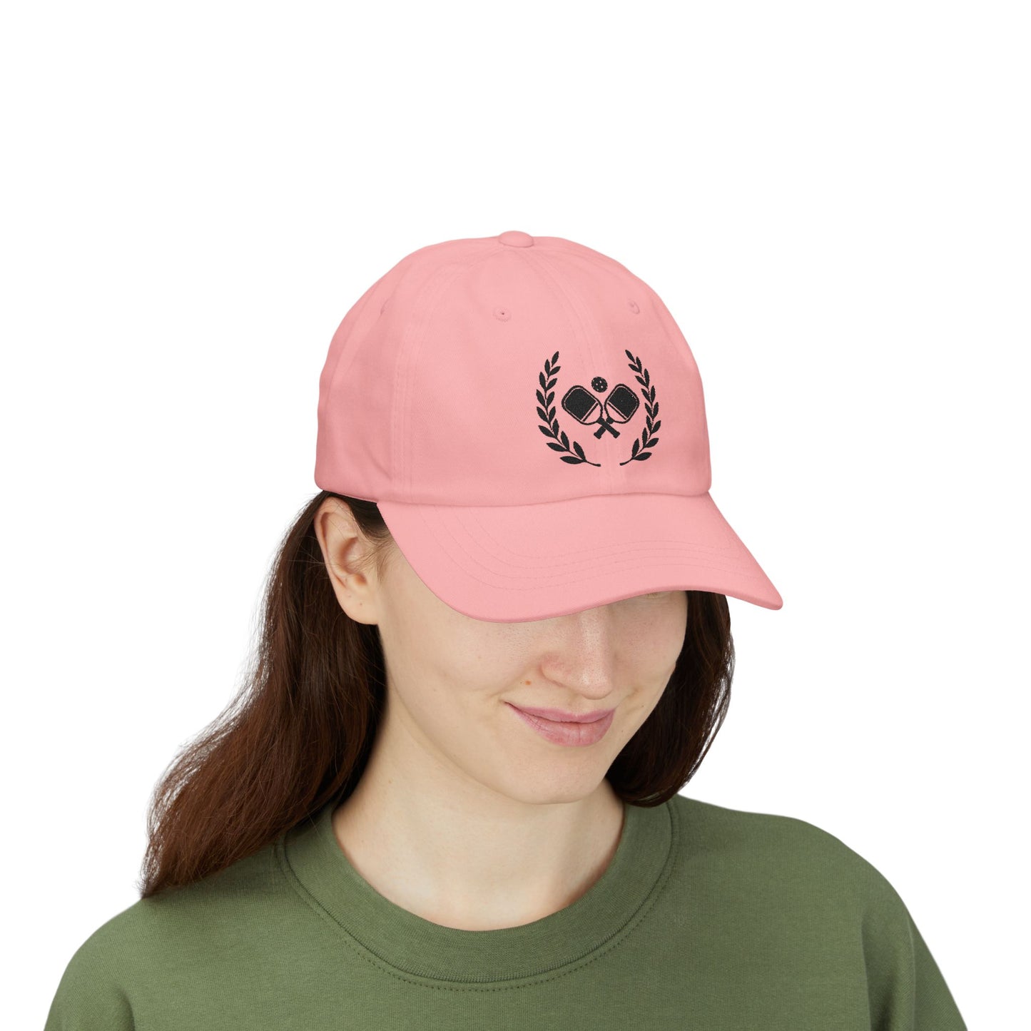 Pickleball  hats Person wearing a pink cap with a floral design and 'Tea' text on a white background