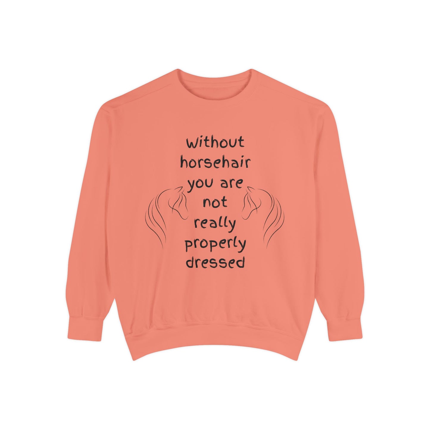 Coral sweatshirt with text and horse illustrations on a white background