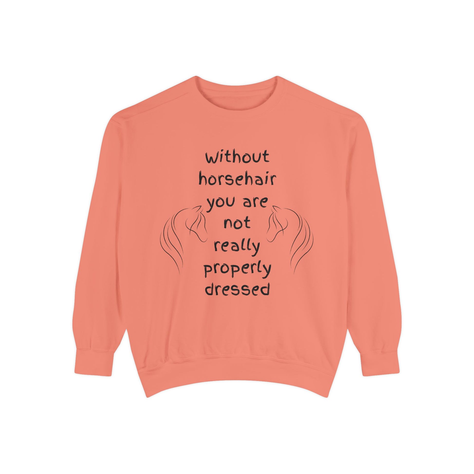 Coral sweatshirt with text and horse illustrations on a white background