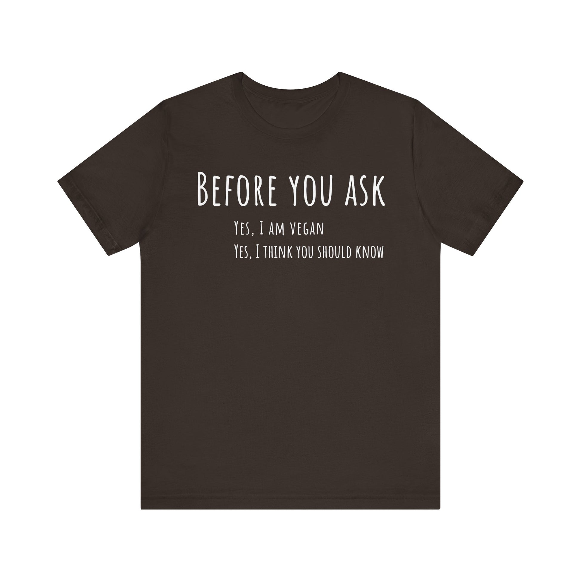 Brown t-shirt with white text on a white background