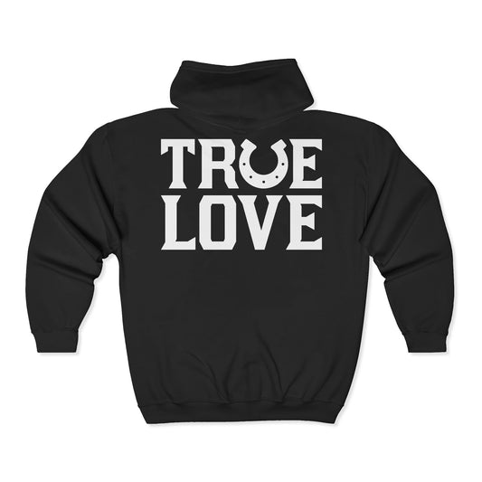 Black hoodie with 'TRUE LOVE' text on the back against a white background