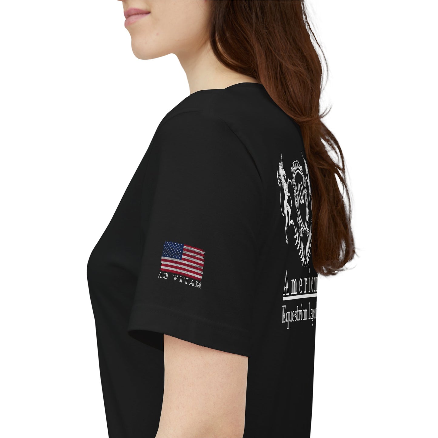 Black t-shirt with American Expedition logo and flag on a white background