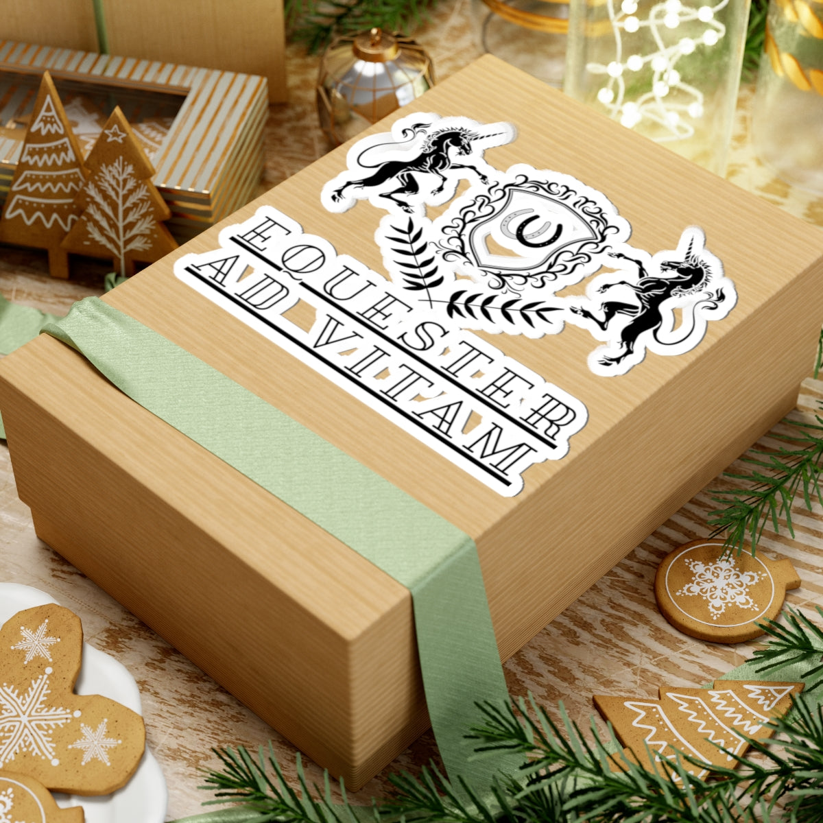 Wooden gift box with decorative ribbon and festive gingerbread cookies on a wooden table.