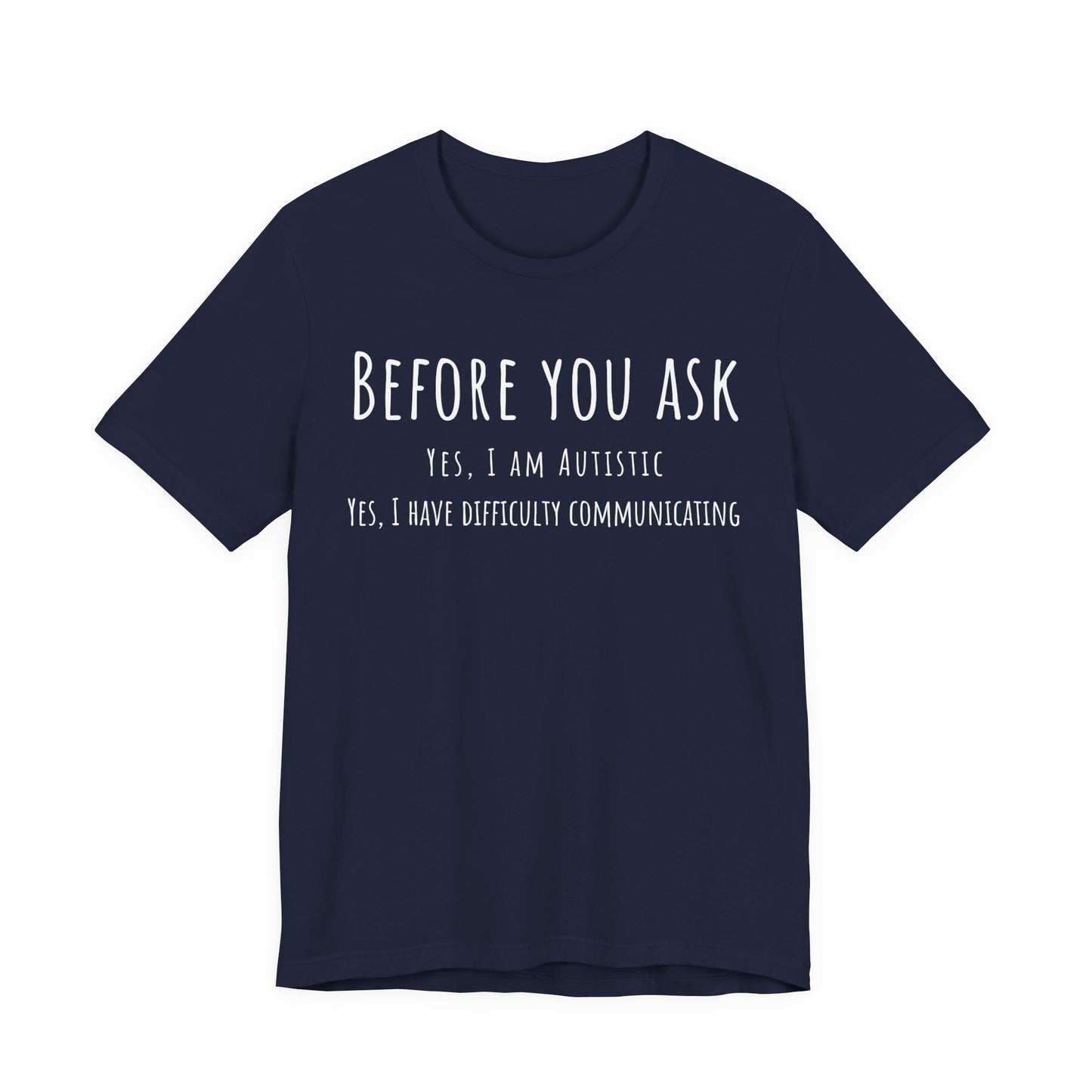 Navy blue t-shirt with white text on a white background