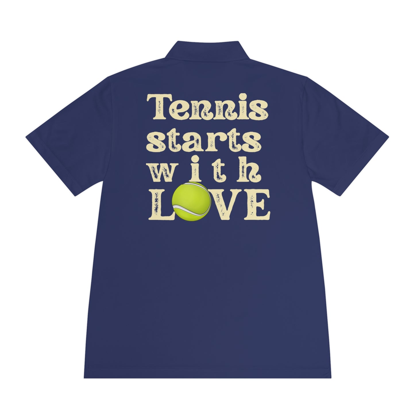 Tennis Polo Women Navy blue shirt with 'Tennis starts with LOVE' text and tennis ball graphic on a white background